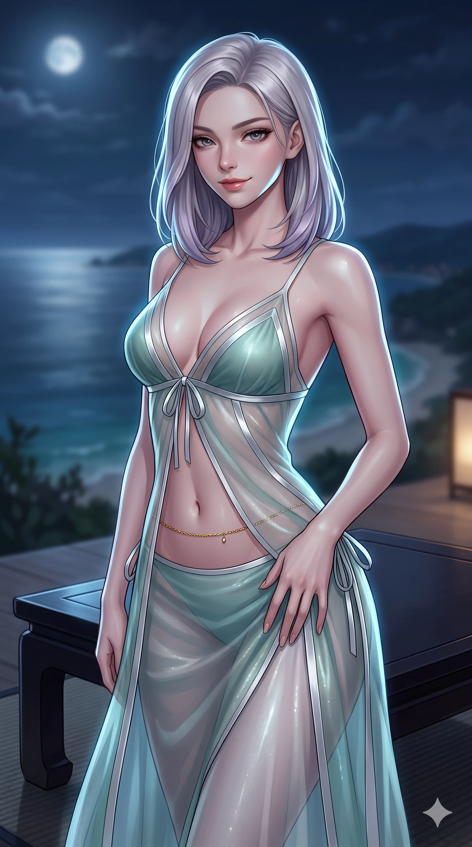 score_9, masterpiece, best quality, ultra-detailed, high-budget anime keyframe, editorial fashion photography, tasteful artistic composition, Caucasian woman. close-up cowboy shot from the waist and thighs up, the character dominates the composition, filling the frame with her large presence. tilting her head with a teasing half-smile, running one hand slowly down the side of her hip in a flirtatious S-curve as ambient light caresses her silhouette while twisting her slender torso in an alluring S-curve beside the low lacquer table, moonlight reflecting off her flat midriff and hourglass curves. The background shows a soft-focus high-cliff ocean terrace softened in coastal panoramic shallow focus. She has an exceptionally elegant, slender, and willowy female figure with an ultra-slim waist, flat toned midriff, narrow ribcage, and sculpted feminine hips creating an alluring, slim hourglass silhouette without bulk. sharp v-shaped jawline, high-bridge nose, sparkling eyes with hypnotic seductive depth, thick curled eyelashes, glossy parted lips with a natural dewy peach sheen, alluring bedroom-eyes with an enchanting coquettish smile, exuding magnetic siren charisma and sophisticated glamour, flawlessly proportioned anatomical accuracy, strict slender model proportions, natural body alignment, perfectly sculpted long slender limbs, ultra-slim waistline, clean dynamic posture without body distortion. wearing a plunge-front sheer illusion tulle slip dress with liquid platinum ribbon stripes and silk otgoreum ties hugging her curves in moonlit jade green and pure alabaster white with silver accents, crafted from delicate semi-sheer Korean gossamer organza with subtle pearlescent glints, finished with a dainty gold belly chain resting across her flat midriff and curving hips, the glove-like clinging cut tightly following the natural contour of her hips and long slender legs with youthful 8.5-heads elegance. illuminated by seafoam bounce and sharp platinum-azure rim lights defining her razor-sharp jawline, narrow waist, and curvy hips. ultra-reflective glossy finish, specular highlights, rich textural contrasts, high-contrast stereoscopic depth, volumetric dynamic lighting, 2k, ultra detail, master piece, 9:16 ratio
