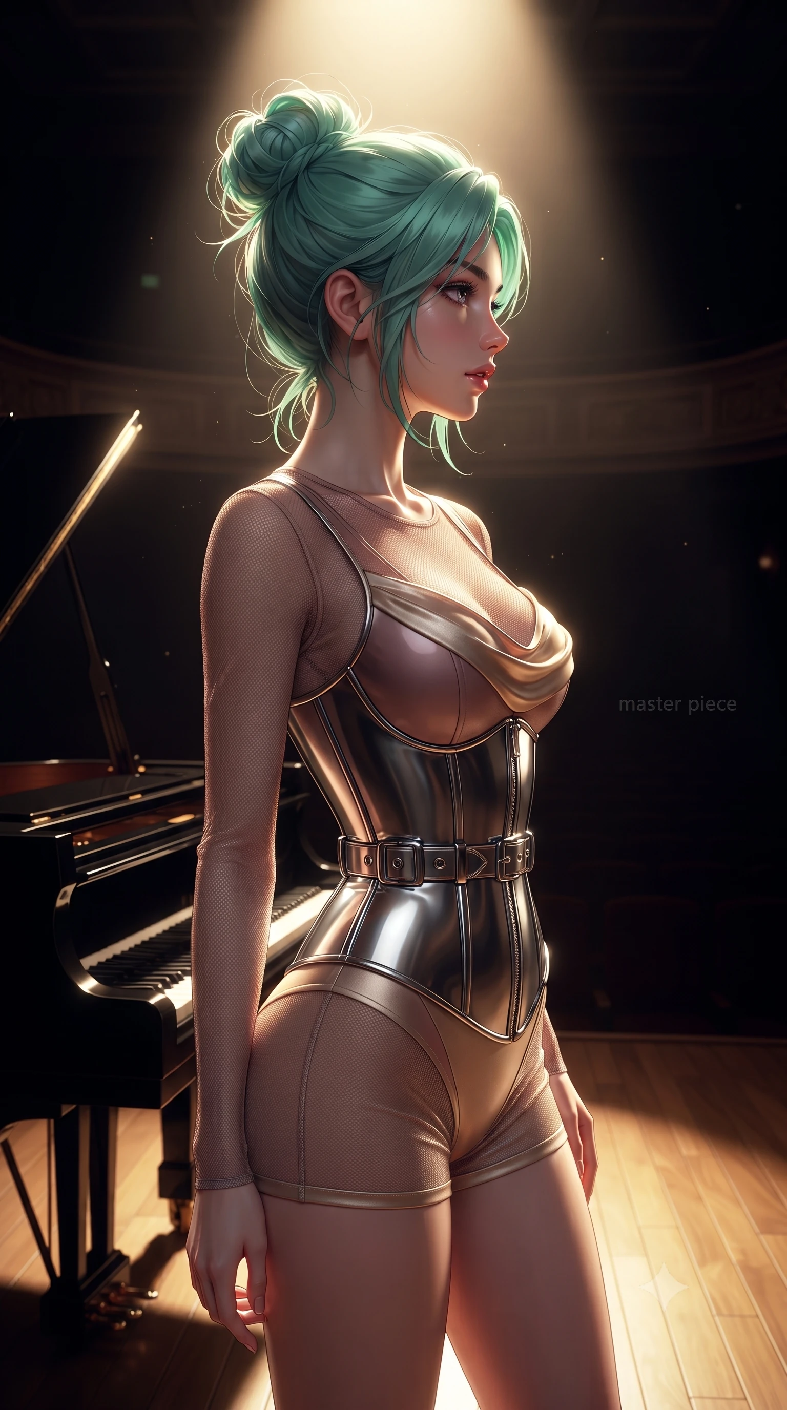 score_9, masterpiece, best quality, ultra-detailed, high-budget anime keyframe, editorial fashion photography, tasteful artistic composition, Japanese woman. close-up cowboy shot from the waist and thighs up, the character dominates the composition, filling the frame with her large presence, background elements kept in soft focus. Turning her face in sharp dramatic profile against the bright light, showcasing her sharp v-shaped jawline standing beside a polished ebony grand piano on a solitary concert stage, dramatic chiaroscuro lighting isolating her form in a dark auditorium. She has an exceptionally elegant, slender, and willowy female figure with an ultra-slim waist, a gracefully sculpted slender torso, and a refined silhouette. sharp v-shaped jawline, high-bridge nose, intricate jewel-like eyes with depth, thick eyelashes, glossy lips with a natural sheen. wearing a chrome-plated structured bodice worn over a sheer mesh top and micro-shorts in dusty rose and champagne gold, formed from sleek second-skin neoprene, detailed with polished silver buckles along the waistline, the elegant draped fit framing her graceful clavicle and slender torso. bathed in a single dramatic golden spotlight with rich chiaroscuro shadows. highly saturated vibrant anime colors, detailed shading with soft gradients, rich glossy textures, high-contrast stereoscopic depth, volumetric dynamic lighting, master piece, 9:16 ratio