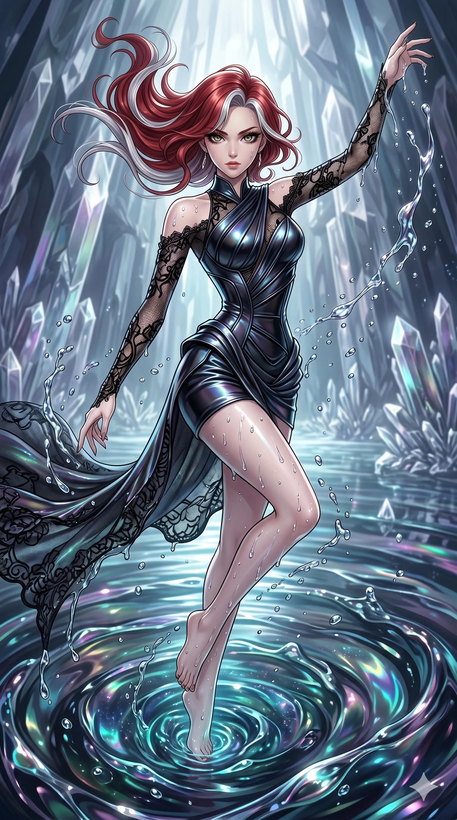 score_9, masterpiece, best quality, ultra-detailed, High-budget Anime Keyframe, East Asian woman. Dynamic full-body shot stretching the vertical silhouette to the limit. Scenario 14: Rising from a pool of shimmering fluid environment, droplets rolling off her skin. Her presence is magnetic and overpowering in this high-budget anime scene. Outfit 14: A patent leather fine technical fiber with a artistically draped detail and delicate lace embroidery. The clothing is designed to emphasize her exceptionally tall and slender 8-heads proportion. 8-heads proportion, towering silhouette, ultra-slim waist. sharp v-shaped jawline, intricate jewel-like eyes with depth, thick eyelashes, glossy lips. 2k, ultra detail, master piece, 9:16 ratio