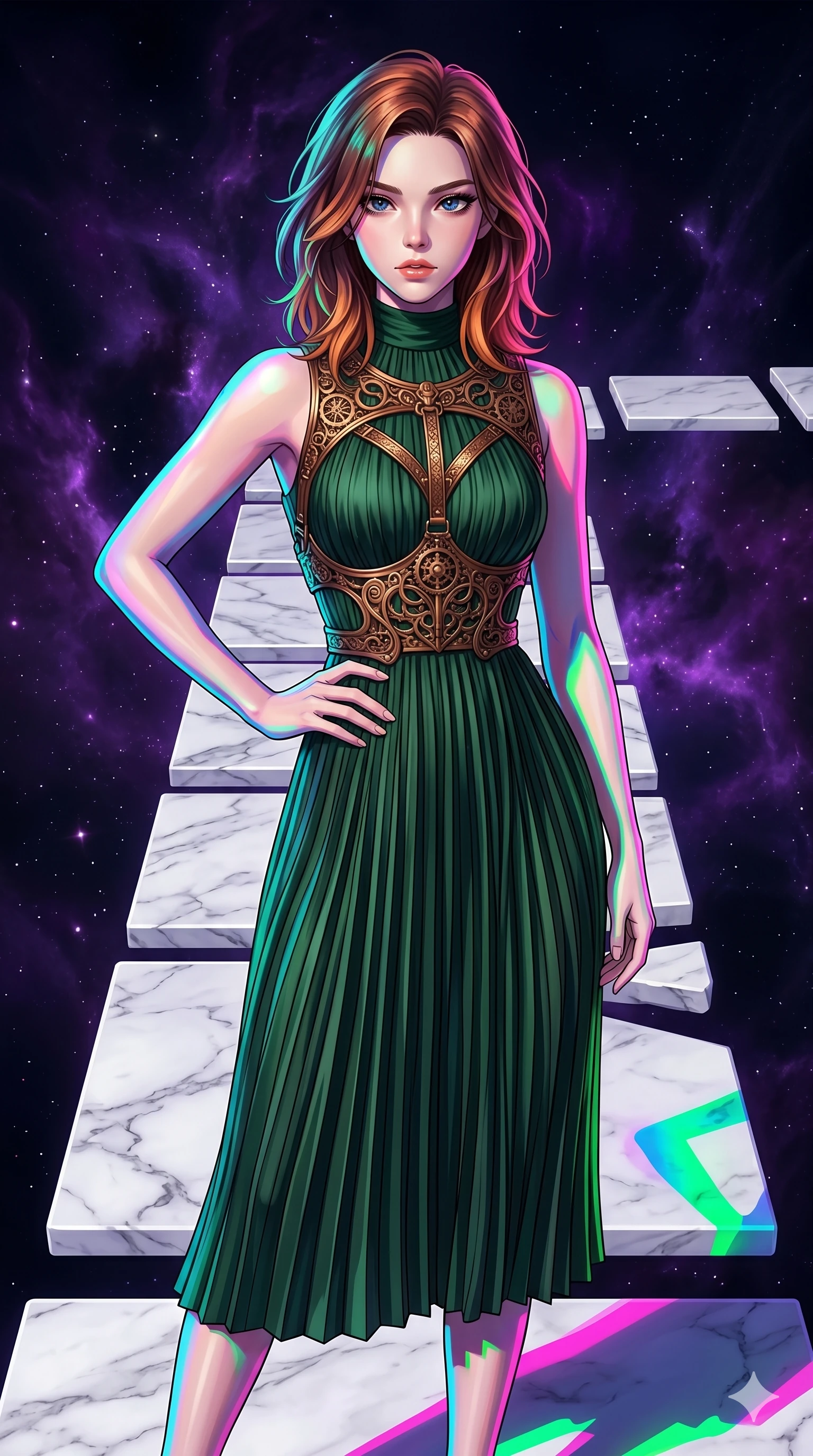 score_9, masterpiece, best quality, ultra-detailed, high-budget anime keyframe, editorial fashion photography, tasteful artistic composition, Korean woman. cowboy shot from the thighs up, character and outfit filling the frame for maximum editorial presence. Holding a confident power pose with one hand on her hip on a pathway of white marble tiles floating in a dark void of purple nebula gas. She has an absolutely perfect 8-heads proportion, an exceptionally tall and slender female figure with impossibly long slender legs and an ultra-slim waist. V-shaped jawline, high-bridge nose, intricate jewel-like eyes with depth, thick eyelashes, glossy lips with a natural sheen. wearing a sculpted bronze harness with gear-inspired details worn over a structured high-neck midi dress in forest green pleated silk. lit by high-contrast holographic projection lighting with vivid colored shadows that define her form. 2k, ultra detail, master piece, 9:16 ratio