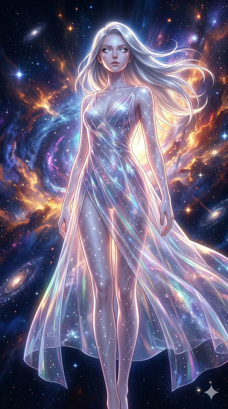score_9, masterpiece, best quality, ultra-detailed, semi-realistic high-budget anime keyframe, an incredibly beautiful ethereal Caucasian woman with flawless pale skin (strictly human ears). Low angle cowboy shot filling the frame. She is a star-child born from a supernova, her skin covered in glowing constellations. She has an absolutely perfect 8-heads proportion, a towering female figure with long slender legs and a delicate skinny body. Her face is a masterpiece with silver flowing hair and glowing eyes. She is wearing a translucent plastic gown made of starlight, highlighting her alluring silhouette. Exploding star background and cosmic dust, dramatic rim lighting, radiant glowing skin, 2k, ultra detail, master piece, 9:16 ratio