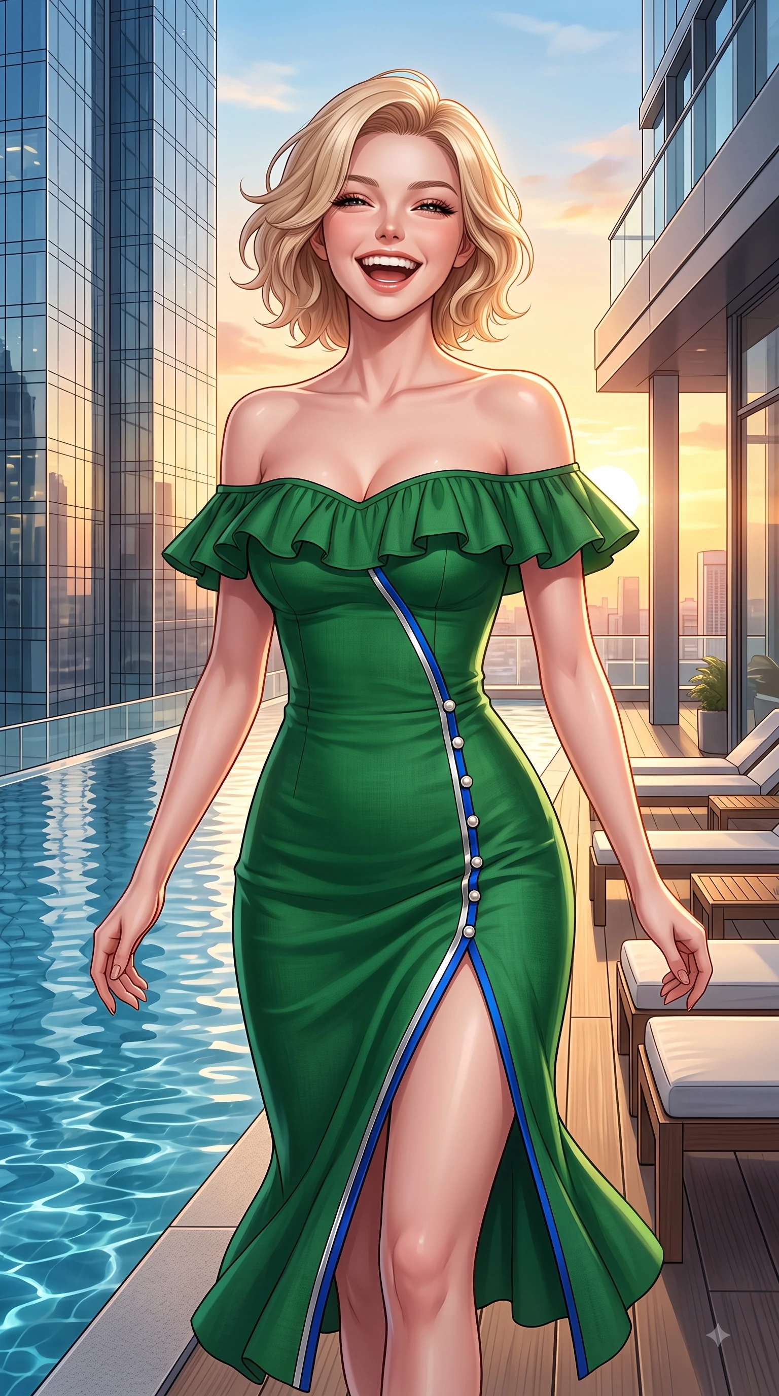 score_9, masterpiece, best quality, ultra-detailed, high-budget anime keyframe, editorial fashion photography, tasteful artistic composition, Caucasian woman. close-up cowboy shot from the waist and thighs up, the character dominates the composition, filling the frame with her large presence. Ecstatic joyful laughter with eyes crinkling in pure delight and vibrant energy filling her dynamic posture while stepping gracefully onto an open-air rooftop lounge as golden sunset city lights twinkle. The surrounding environment is rendered in vivid detail and crisp panoramic clarity. glistening skyscraper glass facades, infinity pool water ripples, and crisp rooftop deck furniture in deep focus. She has an exceptionally elegant, slender, and willowy female figure with an ultra-slim waist, a gracefully sculpted slender torso, and a refined silhouette. sharp v-shaped jawline, high-bridge nose, intricate jewel-like eyes with depth, thick eyelashes, glossy lips with a natural sheen, flawlessly proportioned anatomical accuracy, natural body alignment, perfectly sculpted elegant limbs, clean dynamic posture without body distortion. wearing a vibrant forest green off-shoulder midi dress with a tasteful front slit in electric cobalt blue and polished silver accent, crafted from soft breathable Italian linen, accented with delicate pearl buttons and refined ruffle trims, the sleek second-skin fit accentuating her magnetic presence. surrounded by an opulent, glamorous, and high-fashion nightlife editorial aura. highly saturated vibrant anime colors, detailed shading with soft gradients, rich glossy textures, high-contrast stereoscopic depth, volumetric dynamic lighting, master piece, 9:16 ratio
