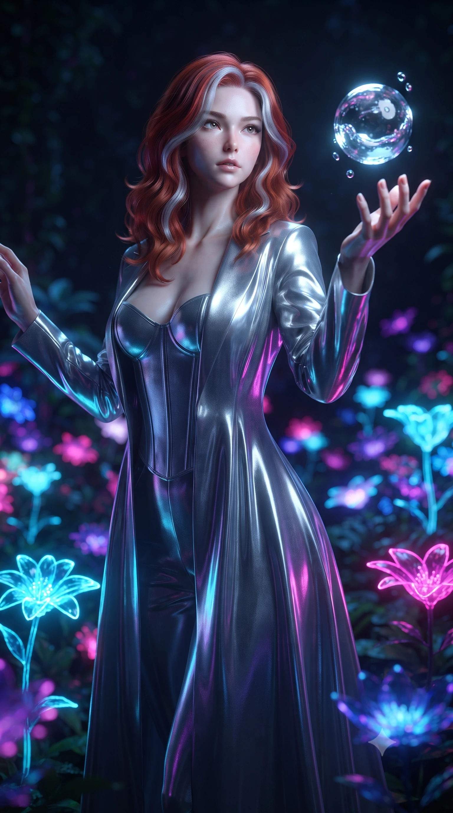 score_9, masterpiece, best quality, ultra-detailed, High-budget Anime Keyframe, editorial fashion photography, tasteful artistic composition, realistic cosplay photography, Caucasian woman, strictly human ears. Low angle cowboy shot filling the entire 9:16 frame with her statuesque presence. Scenario 475: reaching out to catch a floating sphere of liquid light in a virtual garden where neon flowers bloom in the dark. Her presence is magnetic and overpowering in this high-budget cinematic scene. Outfit 475: a form-contouring liquid silver shimmering chiffon jacket layered over a structured corset bodice. The clothing is designed to emphasize her exceptionally tall and slender 8-heads proportion. 8-heads proportion, towering silhouette, ultra-slim waist. sharp v-shaped jawline, intricate jewel-like eyes with depth, thick eyelashes, glossy lips. ultra-reflective glossy finish, specular highlights, metallic sheen, high-contrast stereoscopic depth, volumetric dynamic lighting, 2k, ultra detail, master piece, 9:16 ratio