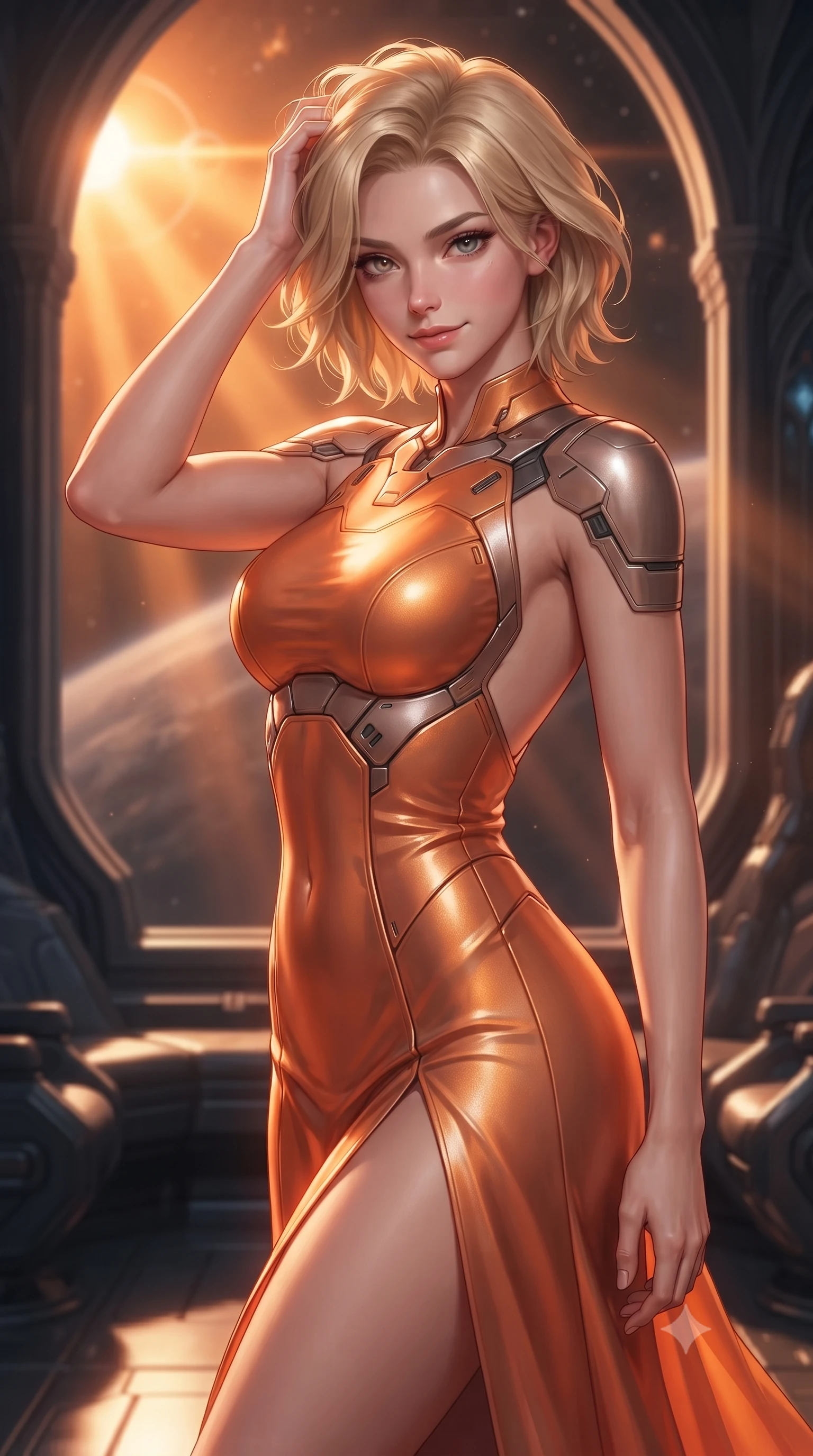 score_9, masterpiece, best quality, ultra-detailed, high-budget anime keyframe, editorial fashion photography, tasteful artistic composition, Caucasian woman. close-up cowboy shot from the waist and thighs up, the character dominates the composition, filling the frame with her large presence, background elements kept in soft focus. slowly running a hand through her hair, smiling with quiet, magnetic self-assurance directly into the camera, the background shows a soft-focus a planetary window seat in a cathedral lounge overlooking a binary sun. She has an exceptionally elegant, slender, and willowy female figure with an ultra-slim waist, a gracefully sculpted slender torso, and a refined silhouette. sharp v-shaped jawline, high-bridge nose, intricate jewel-like eyes with depth, thick eyelashes, glossy lips with a natural sheen. wearing a tailored high-slit space combat gown in sunset orange chiffon, featuring a daring thigh-slit and an open-back design. dramatic orange sunbeams painting the cabin in a warm wash. ultra-reflective glossy finish, specular highlights, metallic sheen, high-contrast stereoscopic depth, volumetric dynamic lighting, 2k, ultra detail, master piece, 9:16 ratio