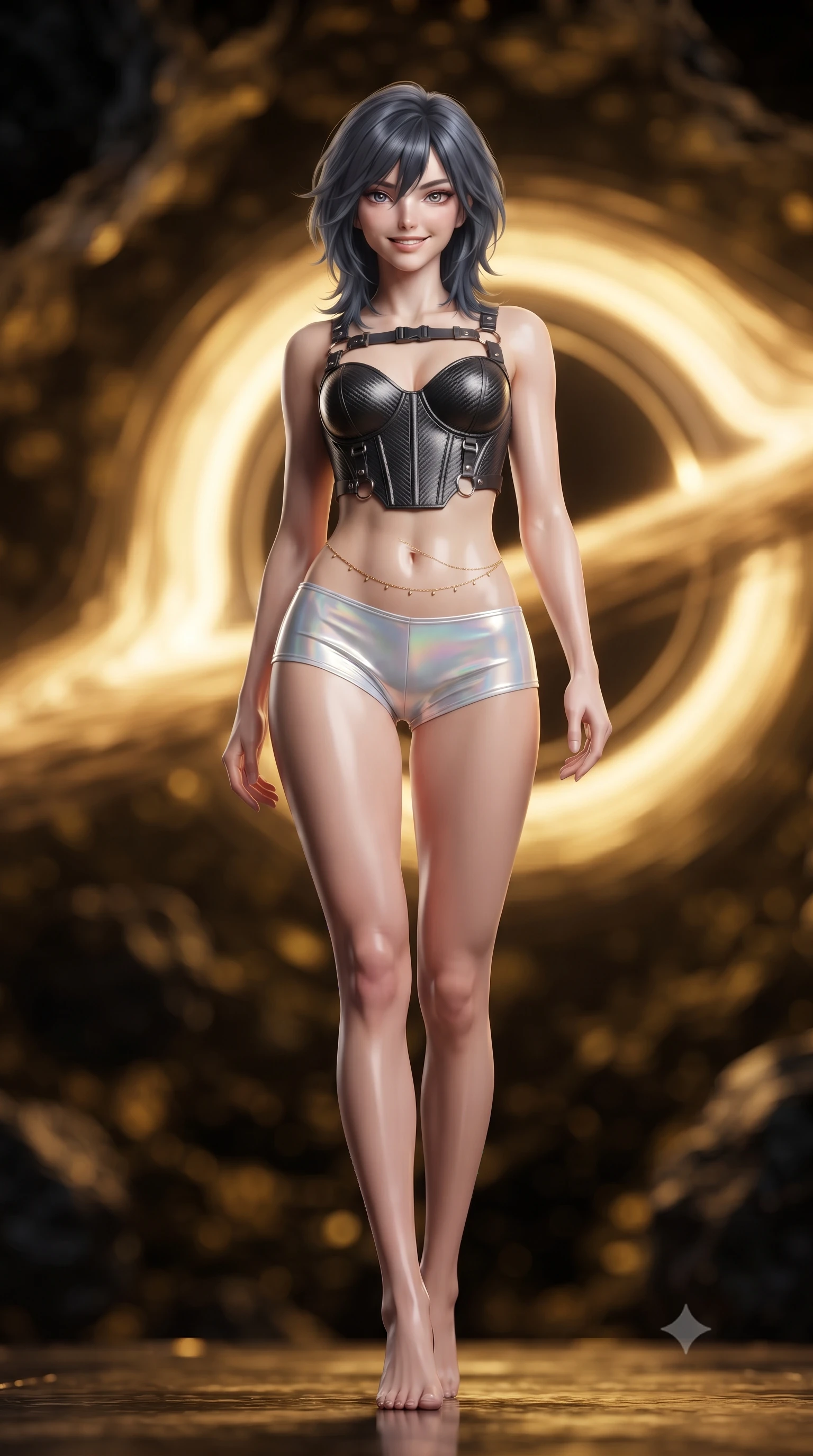 score_9, masterpiece, best quality, ultra-detailed, high-budget anime keyframe, editorial fashion photography, tasteful artistic composition, Caucasian woman. low angle full-body shot from head to toe showing her feet, filling the entire 9:16 vertical frame with her statuesque presence, stretching her vertical silhouette. stepping slowly toward the camera with hypnotic grace, hips swaying in an alluring sensual rhythm that accentuates her curvy hourglass silhouette and long slender legs while standing poised on the magnetic suspension bridge inside the hollow asteroid, arching her back with siren allure as a captured micro-black hole pulses with golden synchrotron radiation rings. The background shows a soft-focus swirling golden accretion disk of micro-black hole, curving gravitational lensing photon rings, and dark asteroid rock blurred into gold, amber, and jet-black bokeh. She has an exceptionally tall and slender model-like 8.5-heads proportion, an ultra-slim waist, a flat toned midriff, narrow delicate ribcage, and beautifully sculpted feminine hips creating a graceful, slim hourglass silhouette without any bulky heaviness, with impossibly long slender legs. sharp v-shaped jawline, high-bridge nose, intricate jewel-like sparkling eyes with depth, thick eyelashes, glossy parted lips with a natural peach sheen, bright cheerful beaming smile with an enchanting and coquettish sensual glint, exuding both youthful cute charm and seductive allure, flawlessly proportioned anatomical accuracy, strict slender model proportions, natural body alignment, perfectly sculpted long slender limbs, ultra-slim waistline, clean dynamic posture without body distortion. wearing a sculpted carbon-fiber underwire crop corset with tactical buckle straps paired with low-rise micro shorts in iridescent mother-of-pearl and liquid molten silver, adorned with delicate chrome ring hardware and cutouts along her slender waist, accented with a dainty gold belly chain resting across her flat midriff and curving hips, the form-contouring silhouette accentuating her sculpted flat midriff, narrow delicate ribcage, and gracefully curvy hips with intoxicating allure. bathed in the blinding golden synchrotron radiation of the singularity contrasted with deep obsidian shadow gradients. ultra-reflective glossy finish, specular highlights, rich textural contrasts, high-contrast stereoscopic depth, volumetric dynamic lighting, 2k, ultra detail, master piece, 9:16 ratio