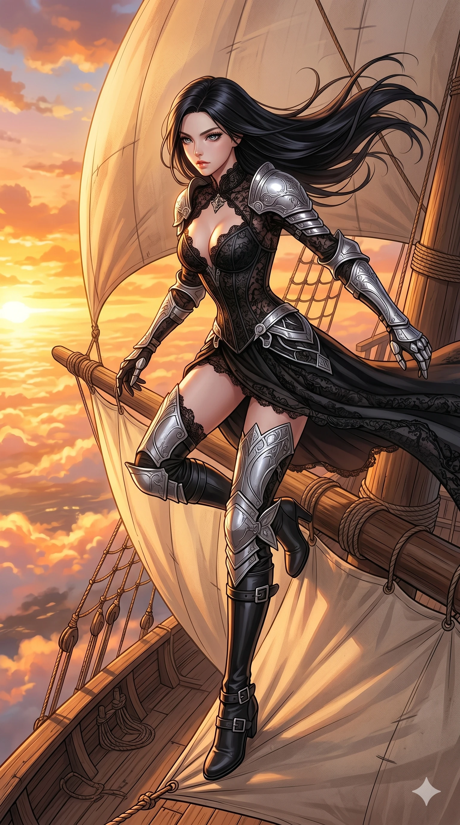 score_9, masterpiece, best quality, ultra-detailed, High-budget Anime Keyframe, beautiful Korean anime girl. Low angle cowboy shot filling the entire 9:16 frame with her statuesque presence. Leaping across the sails of a giant airship in the clouds at sunset. She has an absolutely perfect 8-heads proportion, an exceptionally tall and slender female figure with impossibly long slender legs and an ultra-slim waist. Sharp v-shaped jawline, high-bridge nose, intricate jewel-like eyes with depth, thick eyelashes, glossy lips with a natural sheen. Wearing a Dark Fantasy outfit: gothic black lace corset gown with silver armor and a plunging neckline. Background is a bright and colorful sky with vibrant orange clouds and a wooden airship deck. 2k, ultra detail, master piece, 9:16 ratio