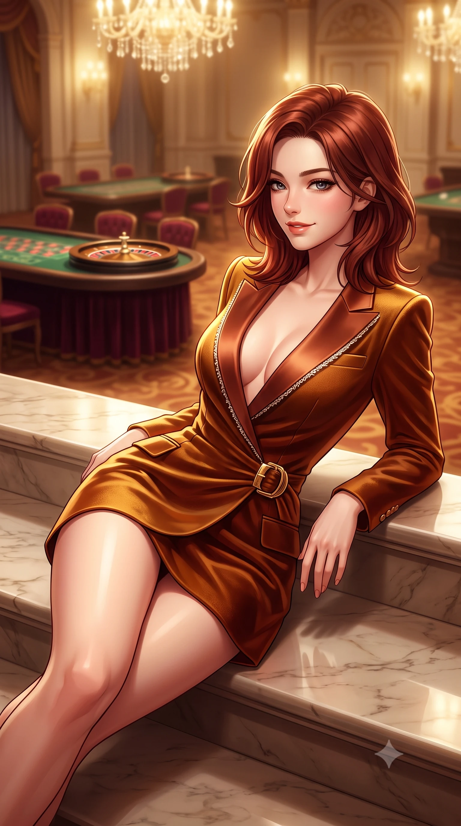 score_9, masterpiece, best quality, ultra-detailed, high-budget anime keyframe, semi-realistic 3D game render, editorial fashion photography, tasteful artistic composition, Korean woman. close-up cowboy shot from the waist and thighs up, the character dominates the composition, filling the frame with her large presence. turning over a bare shoulder with an intoxicating, teasing smile, her soft hair framing her sharp jawline as her hips angle gracefully while reclining on the broad marble stair landing propped on one elbow, her long slender legs and sculpted waist commanding the opulent Belle Époque space. The composition keeps background elements in soft focus with creamy bokeh. distant velvet gaming tables and roulette wheels softened in glamorous high-roller shallow focus. She has an exceptionally elegant, slender, and willowy female figure with an ultra-slim waist, flat toned midriff, narrow ribcage, and sculpted feminine hips creating an alluring, slim hourglass silhouette without bulk. sharp v-shaped jawline, high-bridge nose, intricate jewel-like eyes with depth, thick eyelashes, glossy parted lips with a natural sheen, intensely captivating and seductive bedroom-eyes expression, flawlessly proportioned anatomical accuracy, strict slender model proportions, natural body alignment, perfectly sculpted long slender limbs, ultra-slim waistline, clean dynamic posture without body distortion. wearing a tailored velvet tuxedo jacket dress with satin lapels, worn with a deep plunge neckline and gold hip buckle in molten desert gold and burnt terracotta, tailored from water-resistant treated wool gabardine and flexible stretch silk, finished with delicate crystal frost embroidery tracing the plunging neckline, the glove-like aerodynamic silhouette tightly following the natural contour of her hips and long slender legs with statuesque 8.5-heads elegance. bathed in opulent golden crystal chandelier downlights contrasting with warm carpet bounce fill. highly saturated vibrant anime colors, detailed shading with soft gradients, rich glossy textures, high-contrast stereoscopic depth, volumetric dynamic lighting, master piece, 9:16 ratio