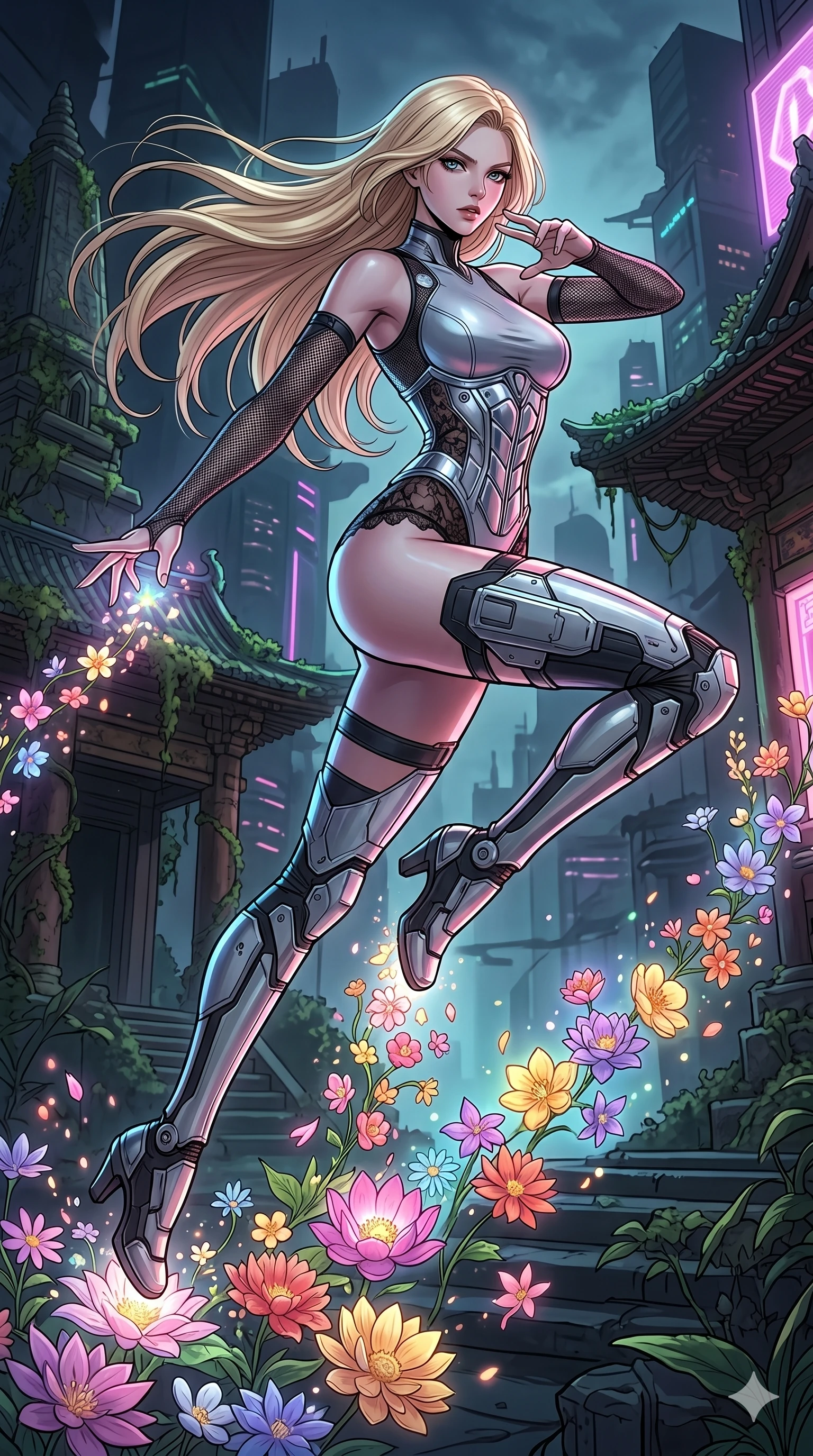 score_9, masterpiece, best quality, ultra-detailed, high-budget anime movie keyframe, cinematic anime lighting, intricate line art, Japanese woman. Dynamic full-body shot stretching the vertical silhouette with extreme perspective. casting a spell that turns her footsteps into blooming flowers. She has an absolutely perfect 8-heads proportion, an exceptionally tall and slender female figure with graceful and slender proportions. strictly human anatomy, two legs only, no extra limbs, clearly defined legs and arms, perfect anatomy, perfect hands and fingers. sharp v-shaped jawline, high-bridge nose, intricate jewel-like eyes, thick eyelashes, glossy lips. Wearing Cyber-Tech Legacy: Asymmetrical sleek tech-bodysuit with detached sleeves and chrome-plated corset over sheer lace. The scene is illuminated by dramatic atmospheric lighting and vibrant color palettes. , 2k, ultra detail, master piece, 9:16 ratio