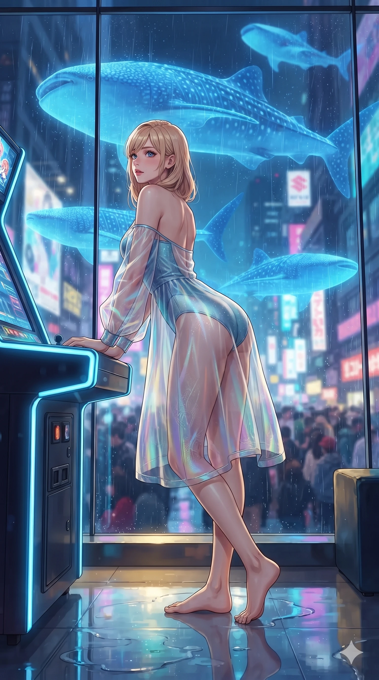 score_9, masterpiece, best quality, ultra-detailed, high-budget anime keyframe, editorial fashion photography, tasteful artistic composition, Caucasian woman. low angle full-body shot from head to toe showing her feet, filling the entire 9:16 vertical frame with her statuesque presence, stretching her vertical silhouette. posing in a classic haute-couture S-curve stance beside the floor-to-ceiling window, looking over a bare shoulder with magnetic presence while leaning against the glowing arcade console with hips cocked back, watching holographic blue sharks swim through the rain with smoldering bedroom-eyes. The background shows a soft-focus gigantic holographic whale sharks swimming through urban rain, glowing arcade marquees, and dense street crowds blurred into cobalt, violet, and electric cyan bokeh. She has an exceptionally tall and slender model-like 8.5-heads proportion, an ultra-slim waist, a flat toned midriff, narrow delicate ribcage, and beautifully sculpted feminine hips creating a graceful, slim hourglass silhouette without any bulky heaviness, with impossibly long slender legs. sharp v-shaped jawline, high-bridge nose, intricate jewel-like sparkling eyes with depth, thick eyelashes, glossy parted lips with a natural peach sheen, bright cheerful beaming smile with an enchanting and coquettish sensual glint, exuding both youthful cute charm and seductive allure, flawlessly proportioned anatomical accuracy, strict slender model proportions, natural body alignment, perfectly sculpted long slender limbs, ultra-slim waistline, clean dynamic posture without body distortion. wearing a semi-opaque sheer overlay dress worn over a leather micro-bodysuit with high-cut leg openings in glacial aurora cyan and starlight silver, featuring strategic sheer-illusion tulle side panels framing her ribcage and hips, finished with delicate crystal-encrusted thigh garter straps glinting in the dim light, the liquid-tight tailored fabric clinging flawlessly to her narrow waist and rounded feminine hips, emphasizing every millimeter of her sculpted slim hourglass curves without any bulky heaviness. illuminated by puddle reflection bounce and sharp neon-blue rim lights defining her jawline, narrow waist, and curvy hips. ultra-reflective glossy finish, specular highlights, rich textural contrasts, high-contrast stereoscopic depth, volumetric dynamic lighting, 2k, ultra detail, master piece, 9:16 ratio