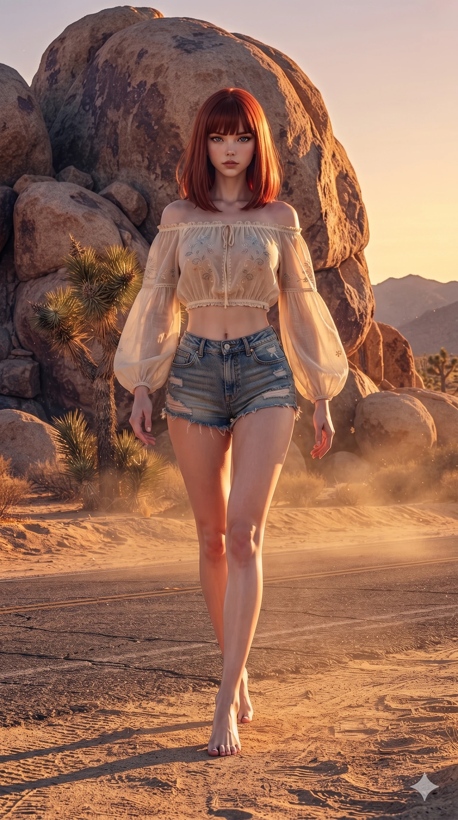 score_9, masterpiece, best quality, ultra-detailed, high-budget anime keyframe, editorial fashion photography, tasteful artistic composition, Caucasian woman. low angle full-body shot from head to toe showing her feet, filling the entire 9:16 vertical frame with her statuesque presence, stretching her vertical silhouette. striding across the sun-drenched desert highway as warm breezes whip her garments open, accentuating her long slender legs and curvy hips while twisting her slender torso in an alluring contrapposto stance between giant stone boulders, twilight speculars tracing her sculpted flat midriff and curvy hips. The surrounding environment is rendered in vivid detail and crisp panoramic clarity: sharp weathered granite crystalline rock texture, spiky Joshua tree needle spines, and coarse desert sand in deep focus. She has an absolutely perfect, statuesque 8.5-heads proportion, an exceptionally tall and slender model-like female figure with impossibly long slender legs, an ultra-slim waist, a flat toned midriff, narrow delicate ribcage, and beautifully sculpted feminine hips creating a graceful, slim hourglass silhouette without any bulky heaviness. sharp v-shaped jawline, high-bridge nose, sparkling eyes with hypnotic seductive depth, thick curled eyelashes, glossy parted lips with a natural dewy peach sheen, alluring bedroom-eyes with an enchanting coquettish smile, exuding magnetic siren charisma and sophisticated glamour, flawlessly proportioned anatomical accuracy, strict slender model proportions, natural body alignment, perfectly sculpted long slender limbs, ultra-slim waistline, clean dynamic posture without body distortion. wearing an off-the-shoulder sheer peasant crop blouse with elastic ruched neckline paired with tight distressed cutoff shorts in distressed whiskey leather brown and sun-bleached denim blue, crafted from rugged heavy-duty canvas and oiled leather with authentic desert durability, finished with an ultra-high side slit secured by miniature leather lace-up grommets, the impeccably tailored cut draping gracefully along her slender figure with aristocratic western poise. illuminated by warm rock surface bounce and sharp golden-peach rim lights sculpting her razor-sharp jawline, narrow waist, and curvy hips. ultra-reflective glossy finish, specular highlights, rich textural contrasts, high-contrast stereoscopic depth, volumetric dynamic lighting, 2k, ultra detail, master piece, 9:16 ratio