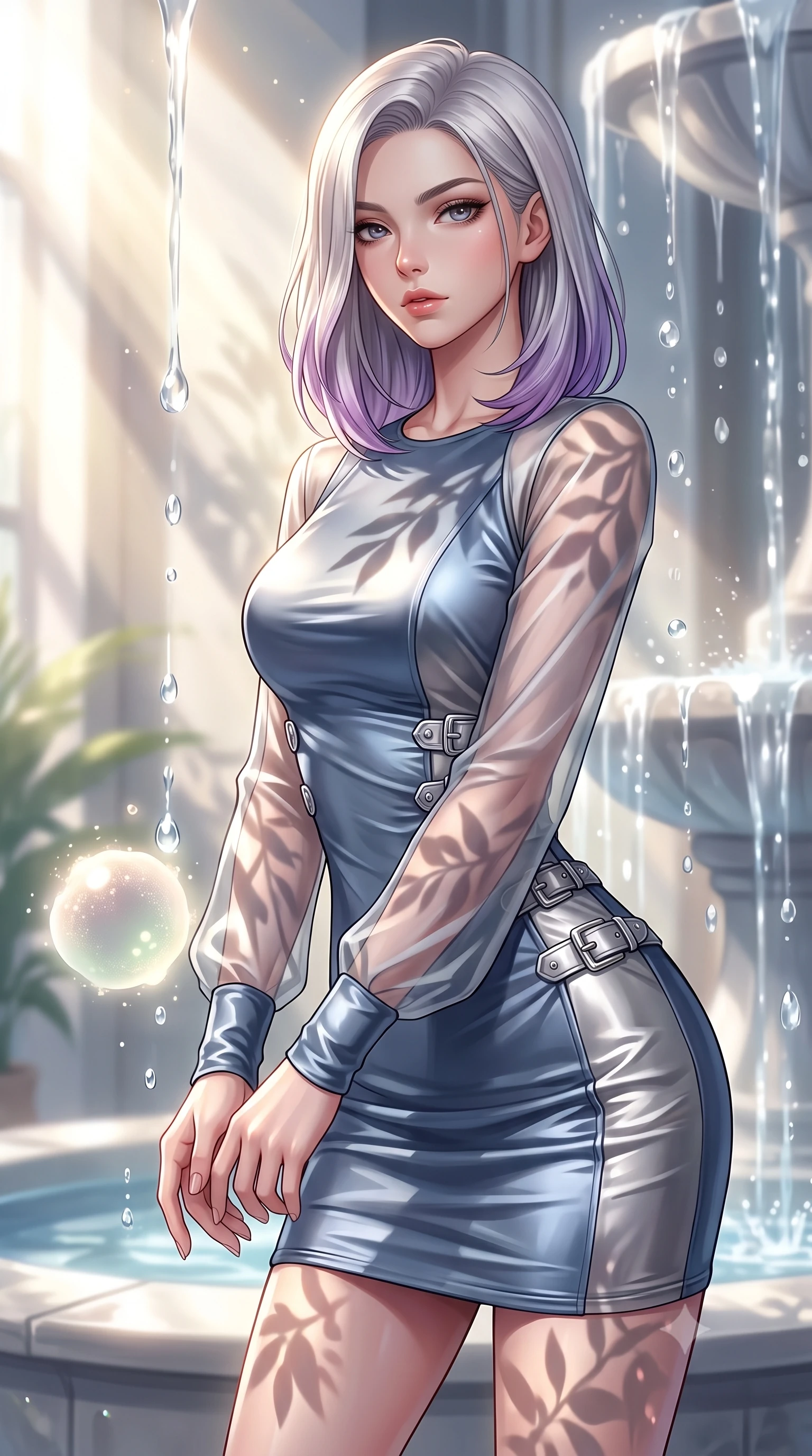 score_9, masterpiece, best quality, ultra-detailed, high-budget anime keyframe, editorial fashion photography, tasteful artistic composition, Caucasian woman. close-up cowboy shot from the waist and thighs up, the character dominates the composition, filling the frame with her large presence, background elements kept in soft focus. Leaning slightly forward with a composed, seductive gaze under soft glowing light interacting with a floating biomorphic pollen orb in a sunlit sanctuary, translucent water droplets cascading down platinum fountains. She has an exceptionally elegant, slender, and willowy female figure with an ultra-slim waist, a gracefully sculpted slender torso, and a refined silhouette. sharp v-shaped jawline, high-bridge nose, intricate jewel-like eyes with depth, thick eyelashes, glossy lips with a natural sheen. wearing a sleek bodycon knit dress with sheer organza sleeve panels in slate blue and metallic silver, crafted from lustrous satin jersey with fluid draping, detailed with polished silver buckles along the waistline, the glove-like fit emphasizing her statuesque silhouette. illuminated by brilliant sunbeams casting organic leaf stencil shadows. highly saturated vibrant anime colors, detailed shading with soft gradients, rich glossy textures, high-contrast stereoscopic depth, volumetric dynamic lighting, master piece, 9:16 ratio