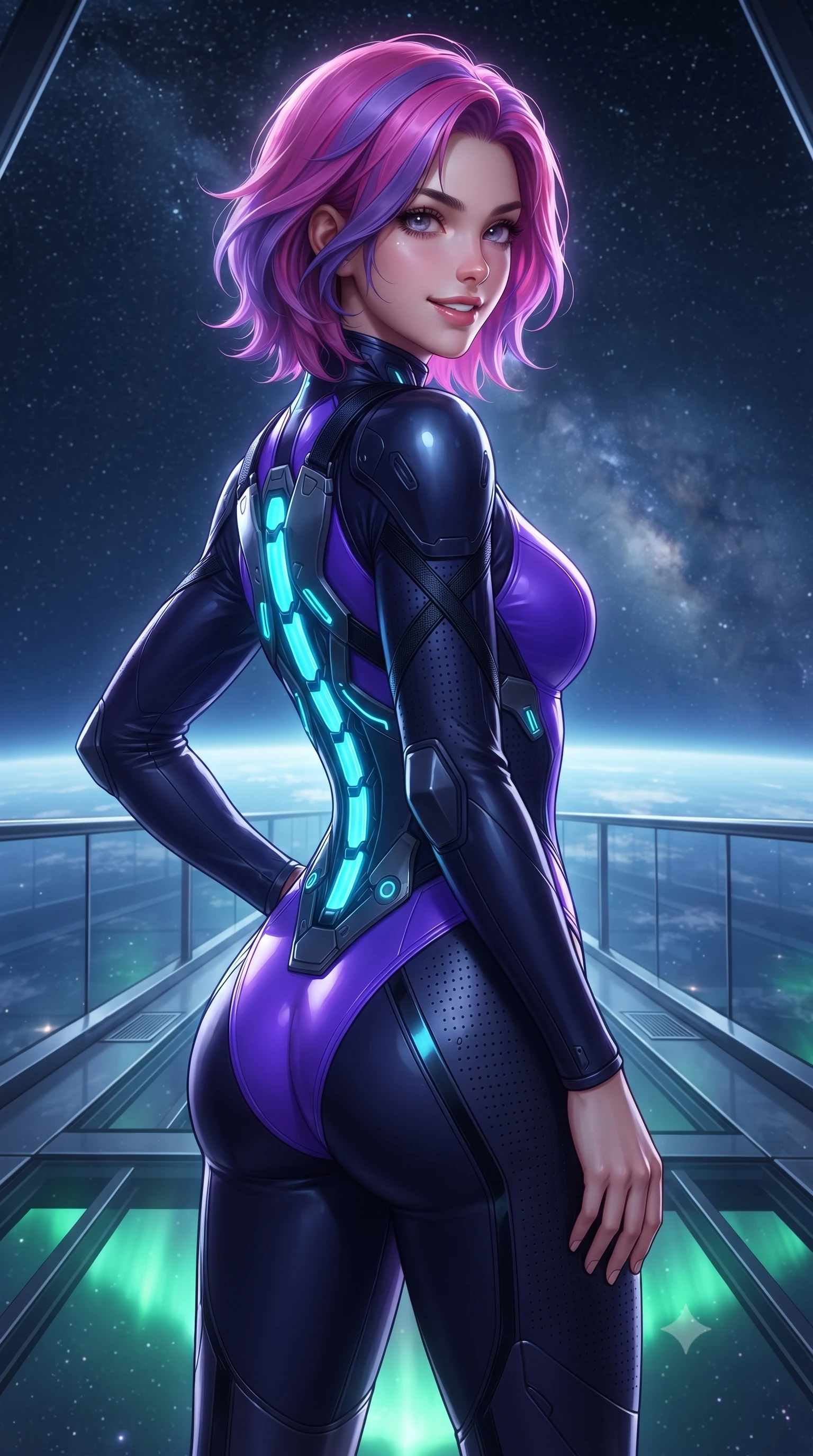score_9, masterpiece, best quality, ultra-detailed, high-budget anime keyframe, editorial fashion photography, tasteful artistic composition, Caucasian woman. close-up cowboy shot from the waist and thighs up, the character dominates the composition, filling the frame with her large presence. twisting her slender torso in an alluring contrapposto stance, one hand resting on her sculpted hip armor while glancing back with effortless sovereign poise while pausing mid-stride with one hand touching her hip armor, her statuesque 8.5-heads silhouette commanding the vast cosmic panoramic vista. The surrounding environment is rendered in vivid detail and crisp panoramic clarity: sharp structural glass bridge floor seams, micro-meteorite impact baffles, and titanium handrail hardware in deep focus. She has an exceptionally elegant, slender, and willowy female figure with an ultra-slim waist, flat toned midriff, narrow ribcage, and sculpted feminine hips creating an alluring, slim hourglass silhouette without bulk. sharp v-shaped jawline, high-bridge nose, intricate jewel-like sparkling eyes with depth, thick eyelashes, glossy parted lips with a natural sheen, bright confident smile with an enchanting and coquettish sensual glint, exuding both youthful magnetic charm and sovereign high-tech allure, flawlessly proportioned anatomical accuracy, strict slender model proportions, natural body alignment, perfectly sculpted long slender limbs, ultra-slim waistline, clean dynamic posture without body distortion. wearing a form-contouring exo-suit chassis with glowing cyan hydraulic spine braces worn over an ultra-slim bodysuit in neon electric violet and deep space obsidian, made of high-grade ballistic nylon with precision laser-cut perforations, finished with criss-cross Kevlar tactical straps tracing her graceful shoulder blades, the form-contouring cut accentuating her sculpted flat midriff, narrow delicate ribcage, and gracefully curvy hips with cybernetic supermodel precision. bathed in soft celestial starlight and radiant emerald aurora glow from below. ultra-reflective glossy finish, specular highlights, rich textural contrasts, high-contrast stereoscopic depth, volumetric dynamic lighting, 2k, ultra detail, master piece, 9:16 ratio