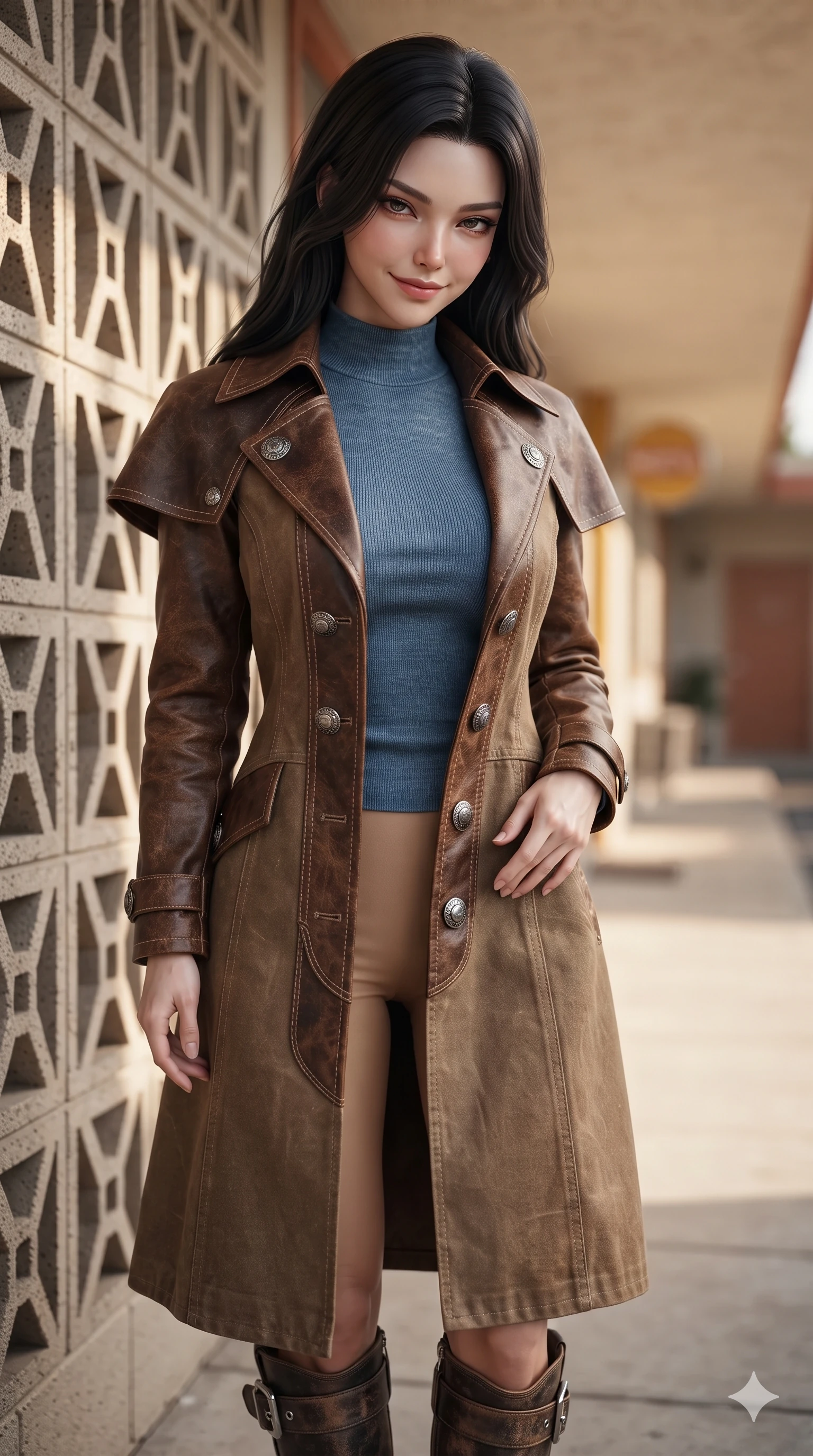 score_9, masterpiece, best quality, ultra-detailed, high-budget anime keyframe, editorial fashion photography, tasteful artistic composition, Korean woman. close-up cowboy shot from the waist and thighs up, the character dominates the composition, filling the frame with her large presence. tilting her head with a teasing half-smile, running one hand slowly down the side of her hip in a flirtatious S-curve as ambient light caresses her silhouette while standing in a tall, confident posture beside a decorative geometric breeze-block wall, stretching her statuesque body as she arches her lower back to emphasize her curvy hips. The background shows a soft-focus retro motel exterior corridor softened in mid-century architectural shallow focus. She has an exceptionally elegant, slender, and willowy female figure with an ultra-slim waist, flat toned midriff, narrow ribcage, and sculpted feminine hips creating an alluring, slim hourglass silhouette without bulk. sharp v-shaped jawline, high-bridge nose, sparkling eyes with hypnotic seductive depth, thick curled eyelashes, glossy parted lips with a natural dewy peach sheen, alluring bedroom-eyes with an enchanting coquettish smile, exuding magnetic siren charisma and sophisticated glamour, flawlessly proportioned anatomical accuracy, strict slender model proportions, natural body alignment, perfectly sculpted long slender limbs, ultra-slim waistline, clean dynamic posture without body distortion. wearing a tailored Western duster coat with silver concho buttons and structured lapels layered over a modest high-neck knit in distressed whiskey leather brown and sun-bleached denim blue, crafted from rugged heavy-duty canvas and oiled leather with authentic desert durability, complemented by rugged distressed leather motorcycle boots with silver buckle hardware, the impeccably tailored cut draping gracefully along her slender figure with aristocratic western poise. illuminated by concrete walkway bounce and sharp coral-amber rim lights defining her razor-sharp jawline, narrow waist, and curvy hips. ultra-reflective glossy finish, specular highlights, rich textural contrasts, high-contrast stereoscopic depth, volumetric dynamic lighting, 2k, ultra detail, master piece, 9:16 ratio
