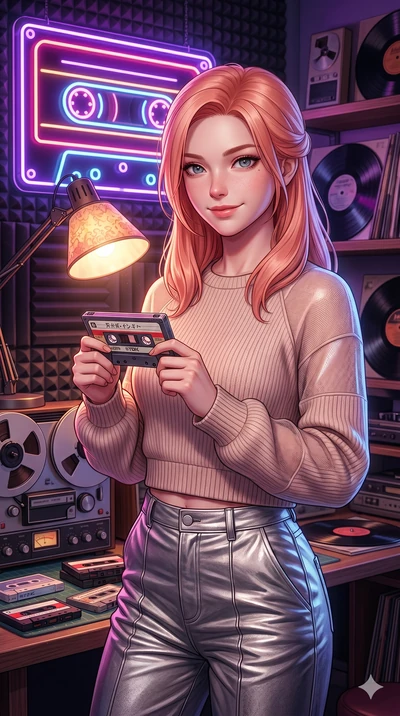 score_9, masterpiece, best quality, ultra-detailed, high-budget anime keyframe, Japanese woman. Upper body close-up from the thighs up, character filling the screen for maximum presence. Standing next to a retro neon cassette sign in a studio, holdin