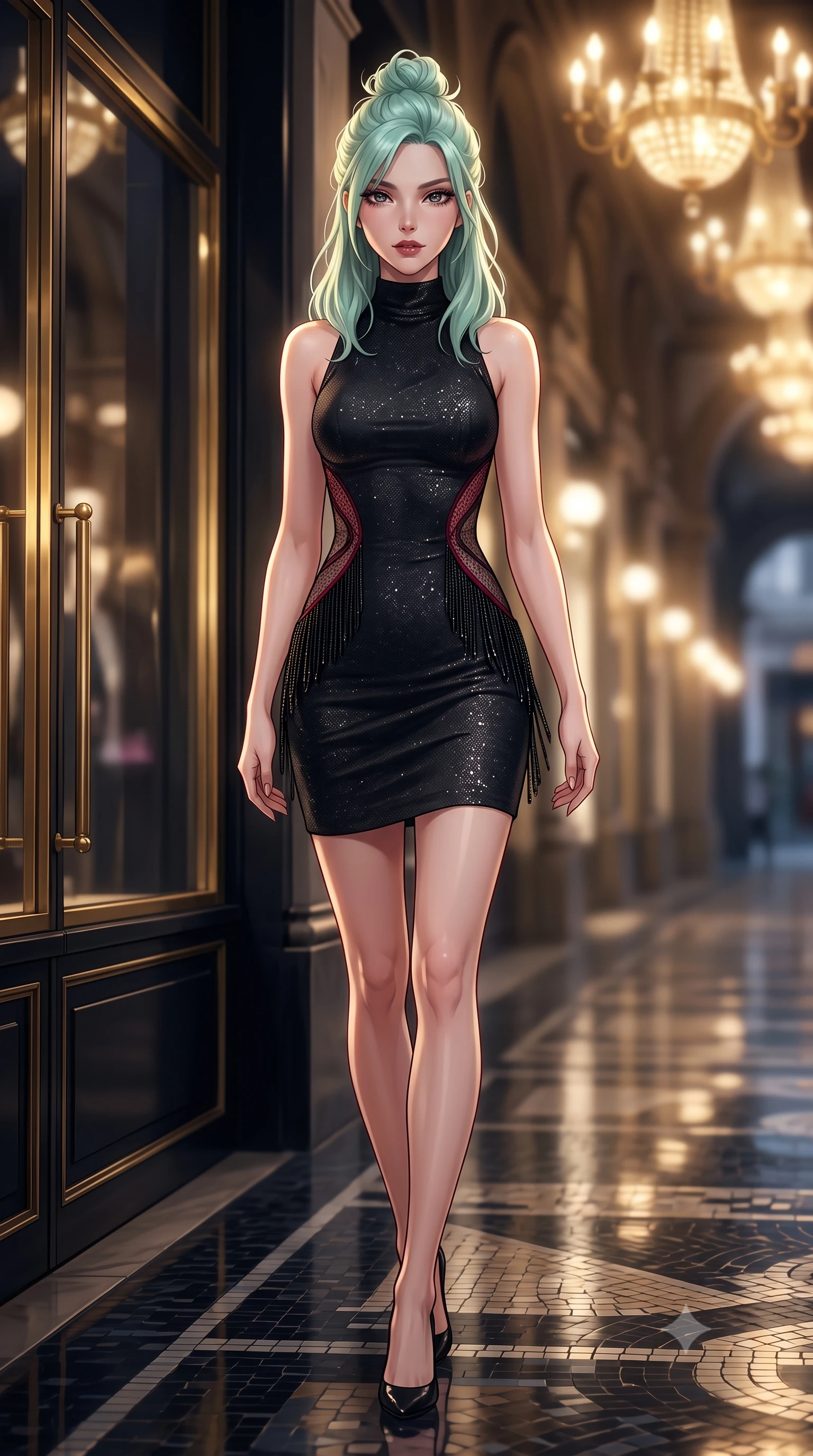 score_9, masterpiece, best quality, ultra-detailed, high-budget anime keyframe, editorial fashion photography, tasteful artistic composition, Japanese woman. low angle full-body shot from head to toe showing her feet, filling the entire 9:16 vertical frame with her statuesque presence, stretching her vertical silhouette. striding forward gracefully across the reflective floor with sovereign supermodel poise, hips swaying in an alluring kinetic rhythm that accentuates her curvy hourglass silhouette and long slender legs while pausing beside a dark luxury designer boutique window with hips cocked back, looking over a bare shoulder with an intoxicating, smoldering gaze. The composition keeps background elements in soft focus with dreamy creamy bokeh. the quiet midnight mosaic arcade floor and elegant shopfront brass frames softened in regal Milanese shallow focus. She has an exceptionally tall and slender model-like 8.5-heads proportion, an ultra-slim waist, a flat toned midriff, narrow delicate ribcage, and beautifully sculpted feminine hips creating a graceful, slim hourglass silhouette without any bulky heaviness, with impossibly long slender legs. sharp v-shaped jawline, high-bridge nose, intricate jewel-like dark sparkling eyes with dangerous depth, thick curled eyelashes, glossy parted lips with a rich wine sheen, smoldering seductive half-smile with bedroom-eyes, exuding effortless superiority and intoxicating dark allure, flawlessly proportioned anatomical accuracy, strict slender model proportions, natural body alignment, perfectly sculpted long slender limbs, ultra-slim waistline, clean dynamic posture without body distortion. wearing a high-neck sleeveless bodycon dress in textured matte obsidian with side-torso semi-sheer mesh inserts in ruby crimson and muted shadow black, woven from metallic lurex thread casting subtle starlight glints across the fabric, accented with fine jet-black beaded tassels that sway with each movement, the high-waisted tailoring accentuating her ultra-slim waistline and the enchanting curve of her feminine hips with alluring dark charm. bathed in majestic golden arcade chandelier light and soft ambient streetlamp wash. ultra-reflective glossy finish, specular highlights, rich textural contrasts, high-contrast stereoscopic depth, volumetric dynamic lighting, 2k, ultra detail, master piece, 9:16 ratio
