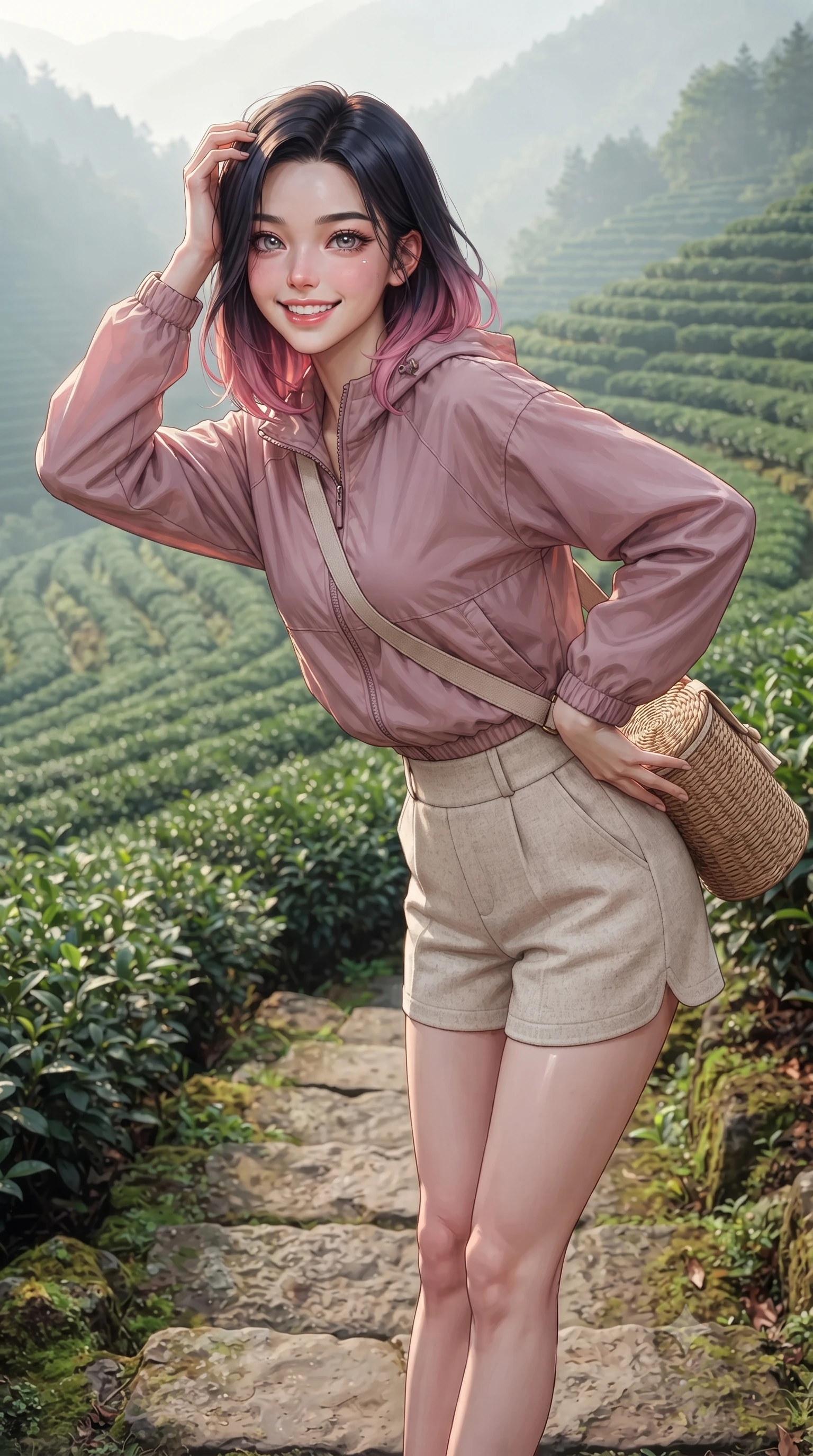 score_9, masterpiece, best quality, ultra-detailed, high-budget anime keyframe, editorial fashion photography, tasteful artistic composition, Korean woman. close-up cowboy shot from the waist and thighs up, the character dominates the composition, filling the frame with her large presence. radiating a joyful bright smile with sparkling jewel-like eyes and pure charming energy, leaning forward with playful grace while pivoting dynamically on a stone garden step as the first rays of morning sun break over the emerald tea terraces. The surrounding environment is rendered in vivid detail and crisp panoramic clarity. crisp morning chiaroscuro and tranquil hillside plantation geometry captured with environmental elegance. She has an exceptionally elegant, slender, and willowy female figure with an ultra-slim waist, a gracefully sculpted slender torso, toned flat midriff, and a refined slim silhouette. sharp v-shaped jawline, high-bridge nose, intricate jewel-like eyes with depth, thick eyelashes, glossy lips with a natural sheen, pure and lovely fresh girlhood expression, flawlessly proportioned anatomical accuracy, strict slender model proportions, natural body alignment, perfectly sculpted long slender limbs, ultra-slim waistline, clean dynamic posture without body distortion. wearing a cute sporty pastel windbreaker paired with high-waisted active shorts and a canvas crossbody bag in soft dusty rose and oatmeal beige, tailored from soft pastel lightweight wool blend with subtle texture, accessorized with a rustic woven wicker bag and canvas strap, the soft airy drape swaying gracefully with her dynamic movements, emphasizing her tall willowy build and slim waistline. surrounded by a peaceful, pristine, and deeply refreshing morning goddess aura. ultra-reflective glossy finish, specular highlights, rich natural textures, high-contrast stereoscopic depth, volumetric dynamic lighting, 2k, ultra detail, master piece, 9:16 ratio