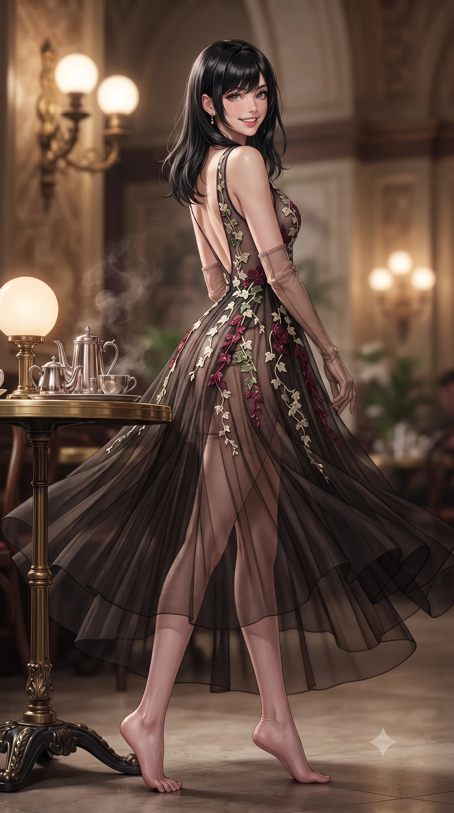score_9, masterpiece, best quality, ultra-detailed, high-budget anime keyframe, editorial fashion photography, tasteful artistic composition, Caucasian woman. low angle full-body shot from head to toe showing her feet, filling the entire 9:16 vertical frame with her statuesque presence, stretching her vertical silhouette. executing a slow, graceful pivot turn as her skirt sways around her slender legs, glancing back with an enchanting, teasing sensual expression while twisting her slender torso in an alluring S-curve beside the round brass-rimmed Thonet table, warm globe lamp light tracing her curves and flat midriff. The background shows a soft-focus gentle rising steam from silver coffee services softened in historic Viennese grand café shallow focus. She has an exceptionally tall and slender model-like 8.5-heads proportion, an ultra-slim waist, a flat toned midriff, narrow delicate ribcage, and beautifully sculpted feminine hips creating a graceful, slim hourglass silhouette without any bulky heaviness, with impossibly long slender legs. sharp v-shaped jawline, high-bridge nose, intricate jewel-like sparkling eyes with depth, thick eyelashes, glossy parted lips with a natural peach sheen, bright cheerful beaming smile with an enchanting and coquettish sensual glint, exuding both youthful cute charm and seductive allure, flawlessly proportioned anatomical accuracy, strict slender model proportions, natural body alignment, perfectly sculpted long slender limbs, ultra-slim waistline, clean dynamic posture without body distortion. wearing a provocative sheer noir illusion mesh cocktail dress with embroidered climbing ivy ribbons contouring her curves in Belvedere ivory pearl and Habsburg bordeaux wine, crafted from stretch micro-mesh with liquid foil coating that shimmers with every movement, complemented by sheer opera-length evening gloves tracing her slender arms, the precision-cut side openings and low-back scoop framing her graceful spine and the sensual sweep of her slim, toned hips. bathed in the warm, cozy 2400K illumination of milk-glass globes and brass reading sconces. ultra-reflective glossy finish, specular highlights, rich textural contrasts, high-contrast stereoscopic depth, volumetric dynamic lighting, 2k, ultra detail, master piece, 9:16 ratio