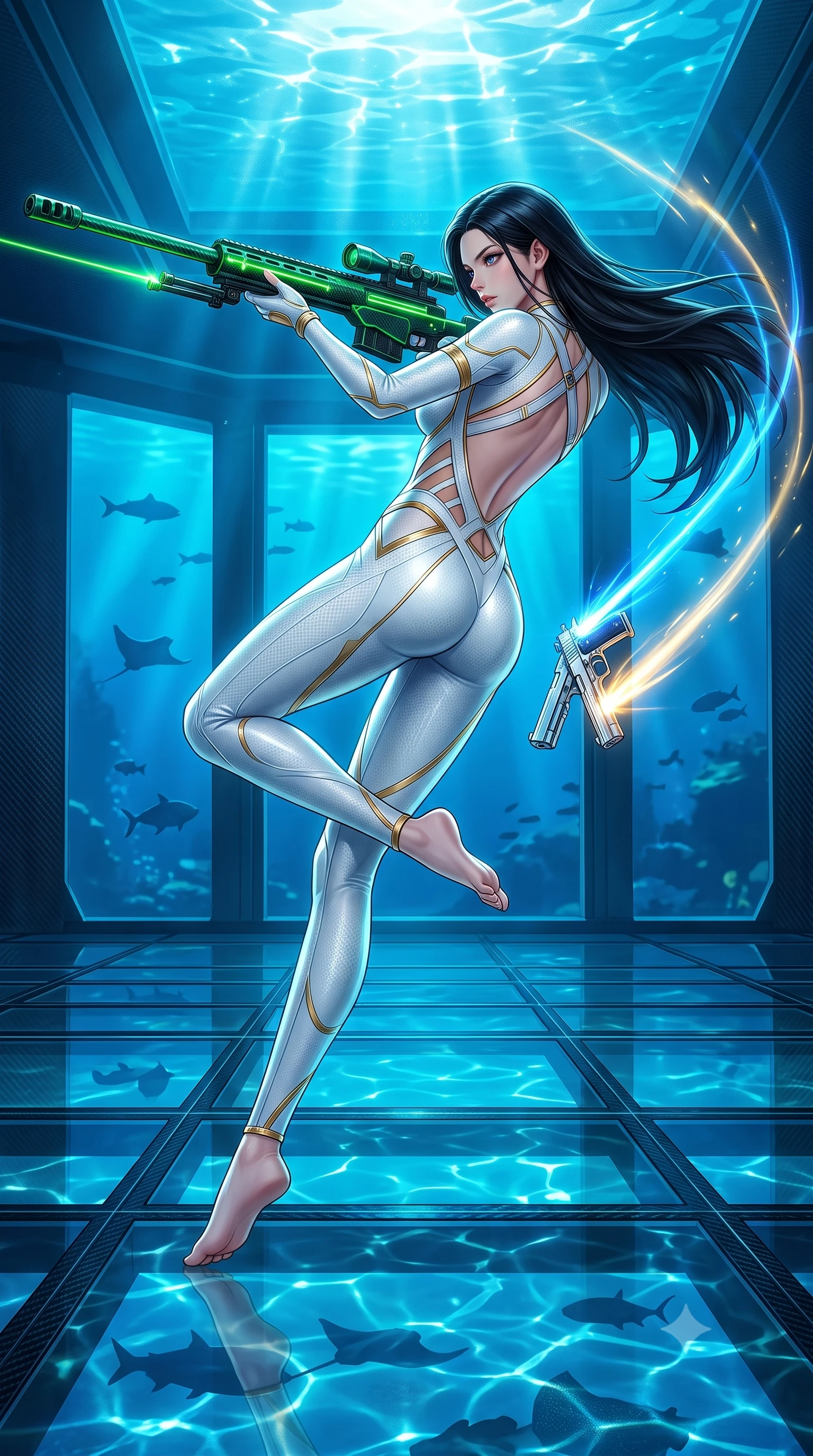 score_9, masterpiece, best quality, ultra-detailed, high-budget anime keyframe, semi-realistic 3D game render, editorial fashion photography, tasteful artistic composition, Korean woman. low angle full-body shot from head to toe showing her feet, filling the entire 9:16 vertical frame with her statuesque presence, stretching her vertical silhouette. arching her back gracefully in mid-air during a dynamic combat vault, her weapon energy trail framing her statuesque presence while landing gracefully on the black glass floor of a submerged underwater vault while crossing twin chrome particle pistols in tactical poise. The surrounding environment is rendered in vivid detail and crisp panoramic clarity. intricate carbon-fiber weave patterns, swimming sea-life silhouettes outside the glass, and floor tiles in high clarity. She has an absolutely perfect, statuesque 8.5-heads proportion, an exceptionally tall and slender model-like female figure with impossibly long slender legs, a toned flat midriff, and an ultra-slim waist. sharp v-shaped jawline, high-bridge nose, intricate jewel-like eyes with depth, thick eyelashes, glossy lips with a natural sheen, flawlessly proportioned anatomical accuracy, strict slender model proportions, natural body alignment, perfectly sculpted long slender limbs, ultra-slim waistline, clean dynamic posture without body distortion. wearing a form-contouring arctic white carbon-composite battle-suit with solar gold trim and diagonal midriff vents, aiming a precision carbon-fiber railgun sniper rifle with divine focus in emerald green carbon composite with glowing lime laser channels, made of lightweight aerodynamic carbon-titanium alloy with polished edge bevels, complemented by criss-cross back harness straps highlighting her completely bare spine, the glove-like aerodynamic second-skin fit tightly clinging to her ultra-slender waist and athletic curves without adding bulk, accentuating her razor-sharp statuesque lines and slim hourglass silhouette. bathed in luminous sapphire and cyan aquatic backlighting with glittering water surface caustics. rich saturated anime colors with glowing neon highlights, detailed shading with soft gradients, rich glossy textures, high-contrast stereoscopic depth, volumetric dynamic lighting, master piece, 9:16 ratio