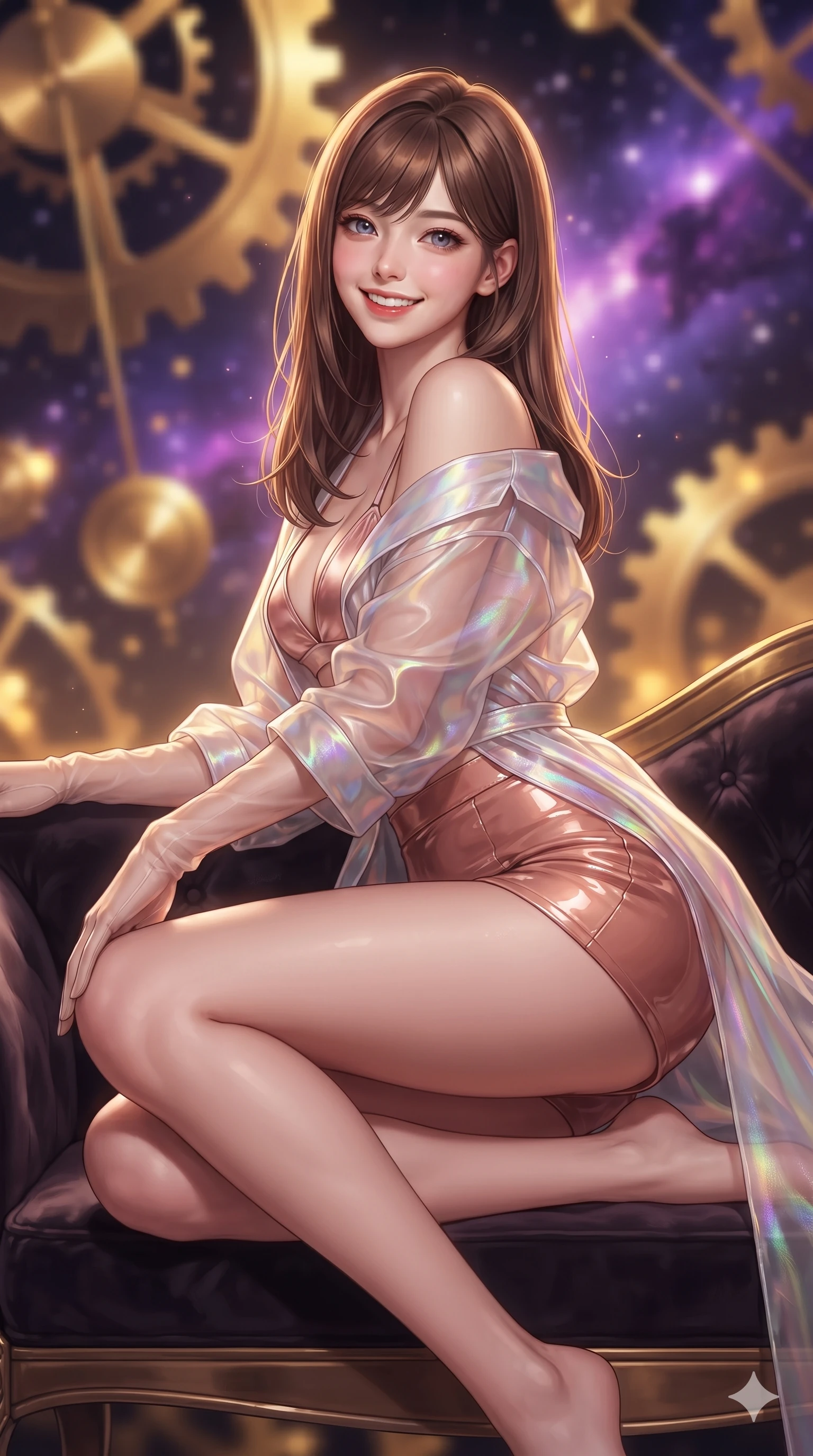 score_9, masterpiece, best quality, ultra-detailed, high-budget anime keyframe, editorial fashion photography, tasteful artistic composition, Korean woman. close-up cowboy shot from the waist and thighs up, the character dominates the composition, filling the frame with her large presence. perched sideways on the lounge seat, one knee drawn up to showcase her slender leg line while her arched back accentuates her feminine hip curve while twisting her slender torso in an alluring contrapposto stance, golden brass gear reflections and purple starlight painting fluid light ribbons across her narrow waist and hips. The background shows a soft-focus colossal rotating brass cogwheels, sweeping clockwork pendulums, and vibrant purple stellar nebulae blurred into gold, amber, and violet bokeh. She has an exceptionally elegant, slender, and willowy female figure with an ultra-slim waist, flat toned midriff, narrow ribcage, and sculpted feminine hips creating an alluring, slim hourglass silhouette without bulk. sharp v-shaped jawline, high-bridge nose, intricate jewel-like sparkling eyes with depth, thick eyelashes, glossy parted lips with a natural peach sheen, bright cheerful beaming smile with an enchanting and coquettish sensual glint, exuding both youthful cute charm and seductive allure, flawlessly proportioned anatomical accuracy, strict slender model proportions, natural body alignment, perfectly sculpted long slender limbs, ultra-slim waistline, clean dynamic posture without body distortion. wearing a translucent iridescent organza kimono robe slipping off bare shoulders over a matching satin micro-bralette and micro-shorts in rose-quartz blush and burnished copper, tailored from high-gloss patent leather with mirror-like specular highlights, complemented by sheer opera-length evening gloves tracing her slender arms, the precision-cut side openings and low-back scoop framing her graceful spine and the sensual sweep of her slim, toned hips. illuminated by gear train reflection bounce and sharp gold-violet rim lights sculpting her razor-sharp jawline, narrow waist, and curvy hips. ultra-reflective glossy finish, specular highlights, rich textural contrasts, high-contrast stereoscopic depth, volumetric dynamic lighting, 2k, ultra detail, master piece, 9:16 ratio