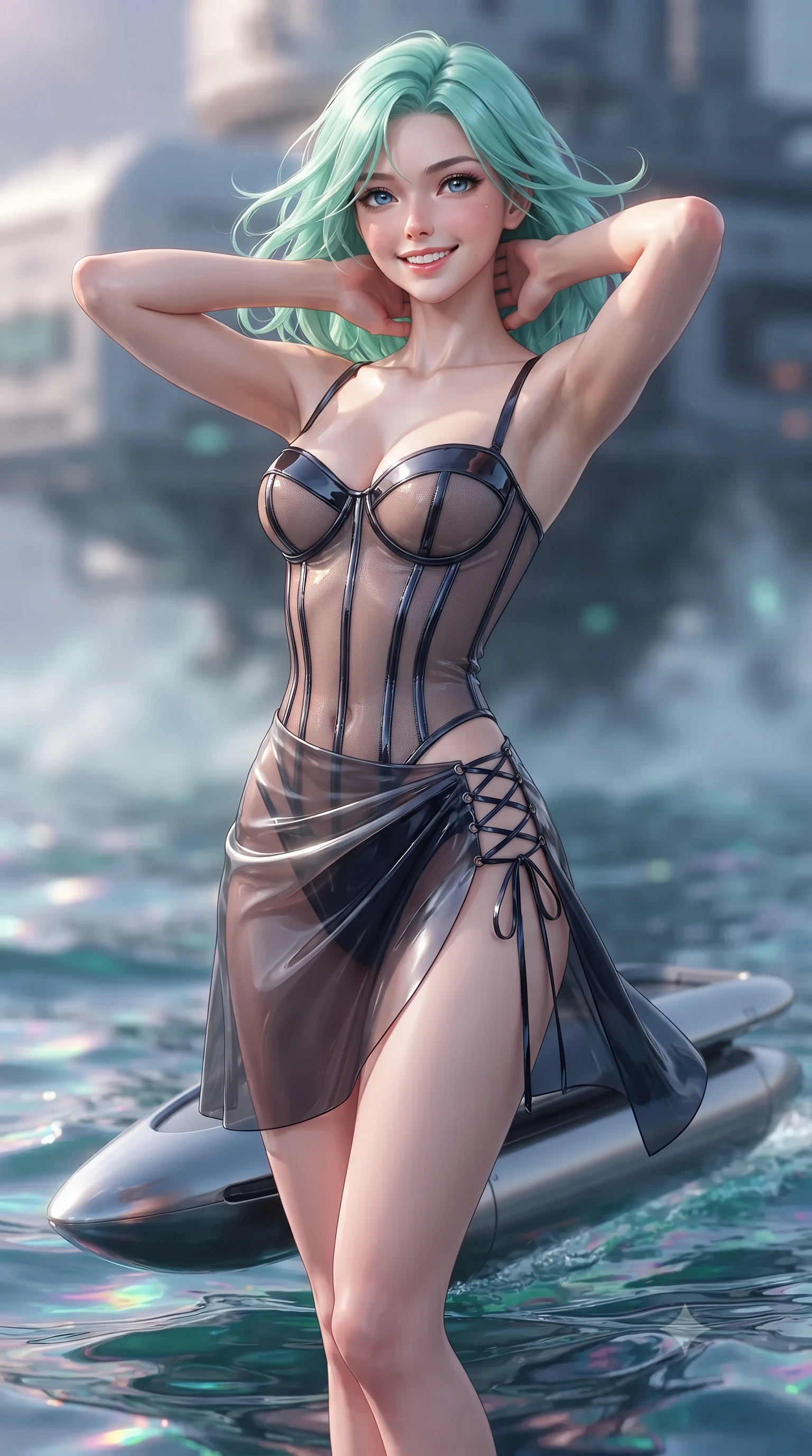 score_9, masterpiece, best quality, ultra-detailed, high-budget anime keyframe, editorial fashion photography, tasteful artistic composition, Japanese woman. close-up cowboy shot from the waist and thighs up, the character dominates the composition, filling the frame with her large presence. resting both hands lightly behind her neck with elbows raised, arching her spine to highlight her narrow waist, flat midriff, and breathtaking collarbones while standing poised on the aerodynamic titanium pontoon suspended over the iridescent waves of the sentient liquid ocean, arching her back with siren allure. The background shows a soft-focus iridescent sea spray mist softened in alien oceanic research station shallow focus. She has an exceptionally elegant, slender, and willowy female figure with an ultra-slim waist, flat toned midriff, narrow ribcage, and sculpted feminine hips creating an alluring, slim hourglass silhouette without bulk. sharp v-shaped jawline, high-bridge nose, intricate jewel-like sparkling eyes with depth, thick eyelashes, glossy parted lips with a natural peach sheen, bright cheerful beaming smile with an enchanting and coquettish sensual glint, exuding both youthful cute charm and seductive allure, flawlessly proportioned anatomical accuracy, strict slender model proportions, natural body alignment, perfectly sculpted long slender limbs, ultra-slim waistline, clean dynamic posture without body distortion. wearing a provocative translucent mesh corset bodice with boned satin channels paired with a sheer chiffon wrap skirt in liquid mercury chrome and deep midnight obsidian, tailored from high-gloss patent leather with mirror-like specular highlights, featuring fine criss-cross lace-up side ties revealing tantalizing glimpses of her hip curve, the impeccably tailored cut draping gracefully along her slender figure with aristocratic poise. illuminated by chromatic liquid ocean reflection bounce and sharp rose-gold rim lights sculpting her razor-sharp jawline, narrow waist, and curvy hips. ultra-reflective glossy finish, specular highlights, rich textural contrasts, high-contrast stereoscopic depth, volumetric dynamic lighting, 2k, ultra detail, master piece, 9:16 ratio