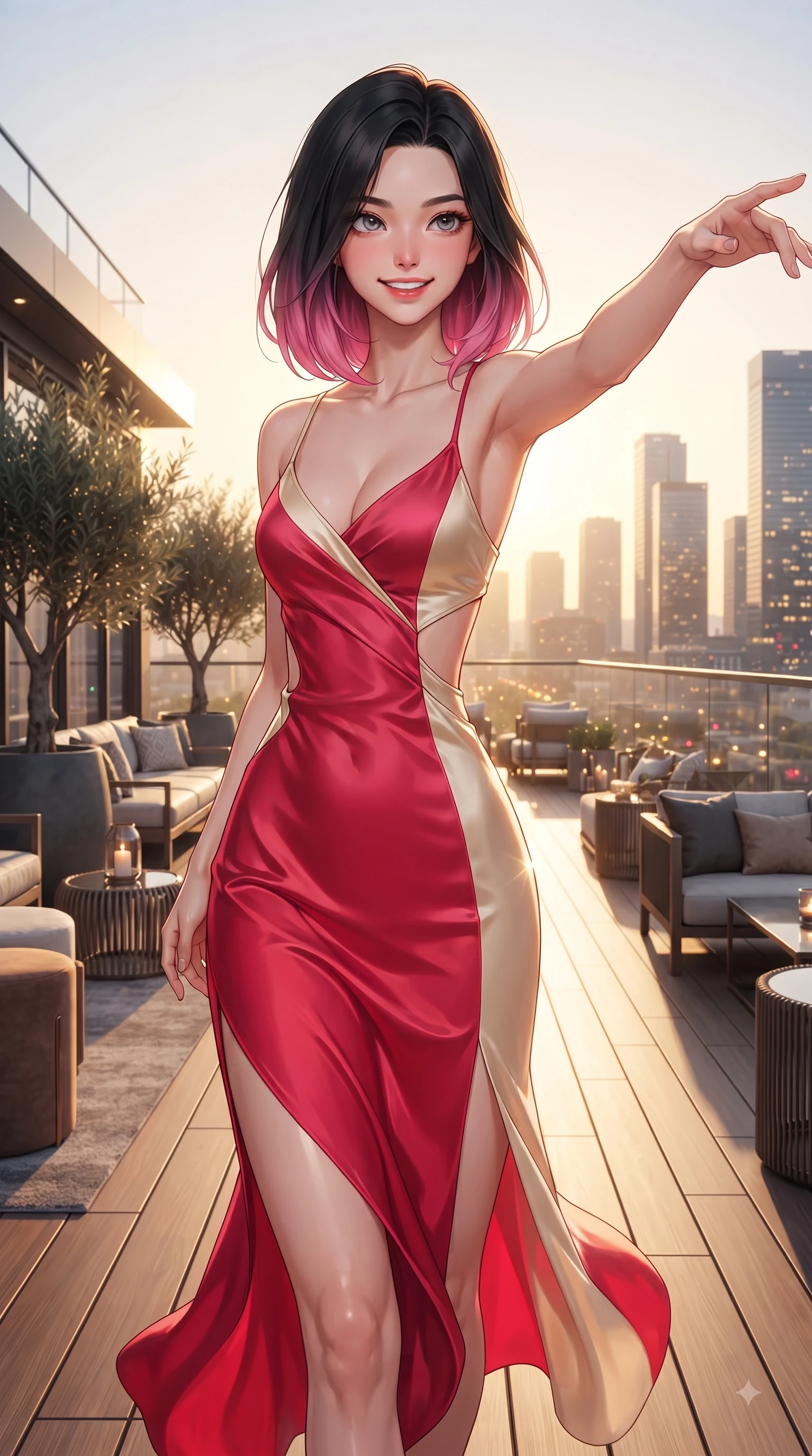 score_9, masterpiece, best quality, ultra-detailed, high-budget anime keyframe, editorial fashion photography, tasteful artistic composition, Korean woman. close-up cowboy shot from the waist and thighs up, the character dominates the composition, filling the frame with her large presence. Extending one arm in an elegant stretch toward the light while smiling with vibrant, youthful self-assurance while walking down a sunlit rooftop deck as golden hour paints the modern urban towers. The surrounding environment is rendered in vivid detail and crisp panoramic clarity. vibrant city lights and stylish terrace lounge decor captured with environmental precision. She has an exceptionally elegant, slender, and willowy female figure with an ultra-slim waist, a gracefully sculpted slender torso, and a refined silhouette. sharp v-shaped jawline, high-bridge nose, intricate jewel-like eyes with depth, thick eyelashes, glossy lips with a natural sheen, flawlessly proportioned anatomical accuracy, natural body alignment, perfectly sculpted elegant limbs, clean dynamic posture without body distortion. wearing a precision-fitted liquid satin slip dress with fluid draped lines and an open back in vivid crimson red and champagne cream, crafted from lightweight fluid chiffon, complemented by clean architectural cutouts along her slender torso, the elegant draped fit framing her graceful clavicle and slender torso. surrounded by a sophisticated, glamorous, and modern nightlife aura. ultra-reflective glossy finish, specular highlights, metallic sheen, high-contrast stereoscopic depth, volumetric dynamic lighting, 2k, ultra detail, master piece, 9:16 ratio