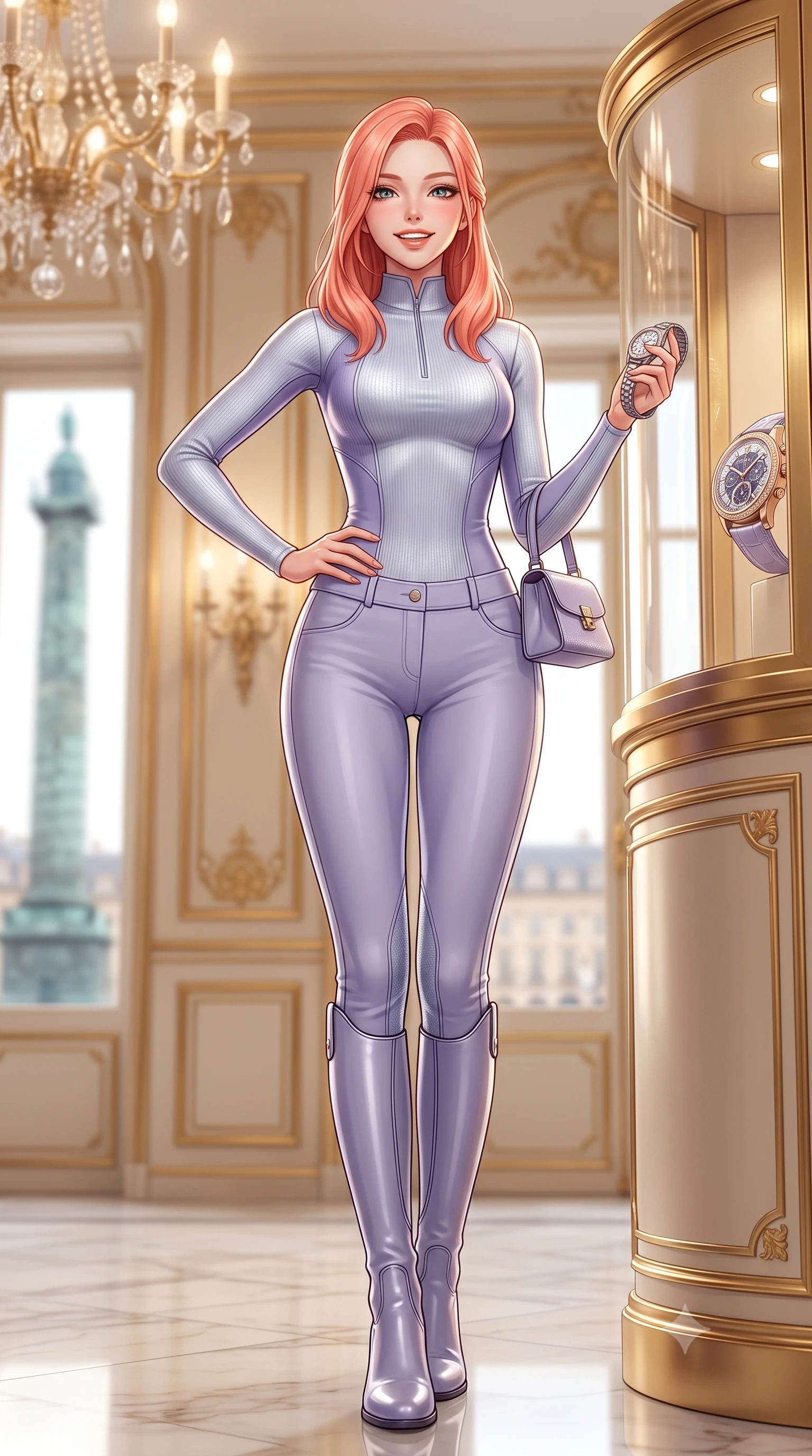 score_9, masterpiece, best quality, ultra-detailed, high-budget anime keyframe, semi-realistic 3D game render, editorial fashion photography, tasteful artistic composition, Japanese woman. low angle full-body shot from head to toe showing her feet, filling the entire 9:16 vertical frame with her statuesque presence, stretching her vertical silhouette. standing tall and centered in the frame with one hand on her hip, radiating statuesque poise, an ultra-slim waist, and captivating allure while leaning gracefully against the curved gilded vitrine examining a luxury timepiece, her posture straight and commanding with aristocratic cool. The background shows a soft-focus glittering crystal chandeliers, gilded boiserie wall paneling, and views of the bronze Vendôme column through tall windows blurred into champagne, ivory, and brass bokeh. She has an exceptionally tall and slender model-like 8.5-heads proportion, an ultra-slim waist, a flat toned midriff, narrow delicate ribcage, and beautifully sculpted feminine hips creating a graceful, slim hourglass silhouette without any bulky heaviness, with impossibly long slender legs. sharp v-shaped jawline, high-bridge nose, intricate jewel-like sparkling eyes with depth, thick eyelashes, glossy parted lips with a natural peach sheen, bright cheerful beaming smile with an enchanting and coquettish sensual glint, exuding both youthful cute charm and seductive allure, flawlessly proportioned anatomical accuracy, strict slender model proportions, natural body alignment, perfectly sculpted long slender limbs, ultra-slim waistline, clean dynamic posture without body distortion. wearing a form-fitting equestrian stretch bodysuit paired with snug tailored riding breeches and polished knee-high leather boots in frosted mountain lavender and shimmering ice silver, woven from fine elastic rib-knit fabric tracing every millimeter of her slender torso, finished with a structured leather micro-bag held lightly at her hip, the form-contouring silhouette accentuating her sculpted flat midriff, narrow delicate ribcage, and gracefully curvy hips with intoxicating allure. illuminated by polished marble floor bounce and pristine champagne rim lights defining her razor-sharp jawline and elegant tailored silhouette. highly saturated vibrant anime colors, detailed shading with soft gradients, rich glossy textures, high-contrast stereoscopic depth, volumetric dynamic lighting, master piece, 9:16 ratio