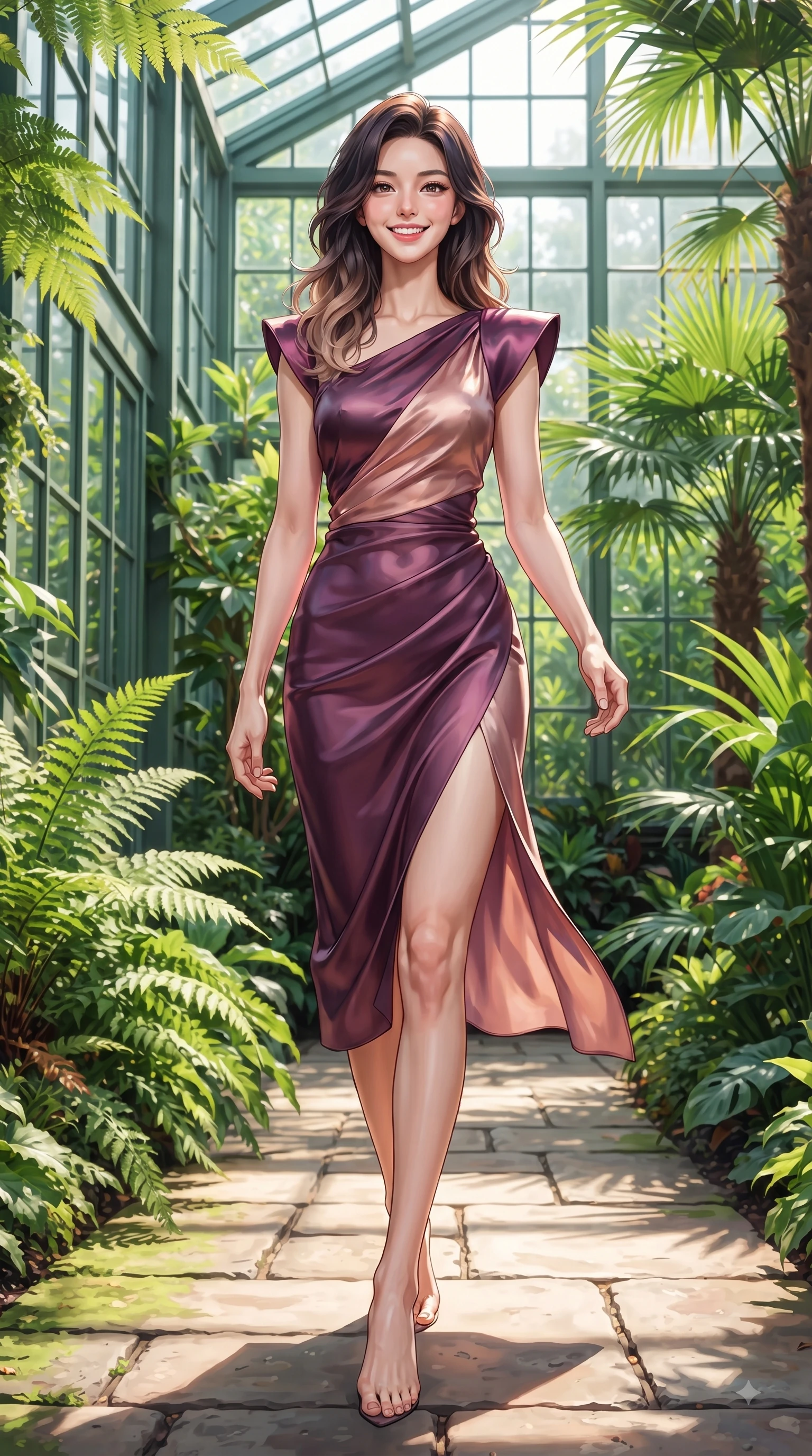 score_9, masterpiece, best quality, ultra-detailed, high-budget anime keyframe, editorial fashion photography, tasteful artistic composition, Korean woman. low angle full-body shot from head to toe showing her feet, filling the entire 9:16 vertical frame with her statuesque presence, stretching her vertical silhouette. walking forward in a proud dynamic stride with a cheerful beaming smile, her vertical silhouette filling the frame while walking along a stone path in a sunlit botanical greenhouse surrounded by tropical greenery. The surrounding environment is rendered in vivid detail and crisp panoramic clarity. rich emerald green plant textures and sunlit greenhouse paths rendered with high clarity. She has an absolutely perfect, statuesque 8.5-heads proportion, an exceptionally tall and slender model-like female figure with impossibly long slender legs and an ultra-slim waist. sharp v-shaped jawline, high-bridge nose, intricate jewel-like eyes with depth, thick eyelashes, glossy lips with a natural sheen, flawlessly proportioned anatomical accuracy, natural body alignment, perfectly sculpted elegant limbs, clean dynamic posture without body distortion. wearing an asymmetrical draped chiffon midi dress with a sleek shoulder accent in rich plum purple and rose gold, made of lustrous stretch velvet, featuring a sleek side leg slit ascending to mid-thigh, the glove-like fit emphasizing her statuesque silhouette during motion. surrounded by a peaceful, sun-drenched, and healing greenhouse atmosphere. ultra-reflective glossy finish, specular highlights, metallic sheen, high-contrast stereoscopic depth, volumetric dynamic lighting, 2k, ultra detail, master piece, 9:16 ratio