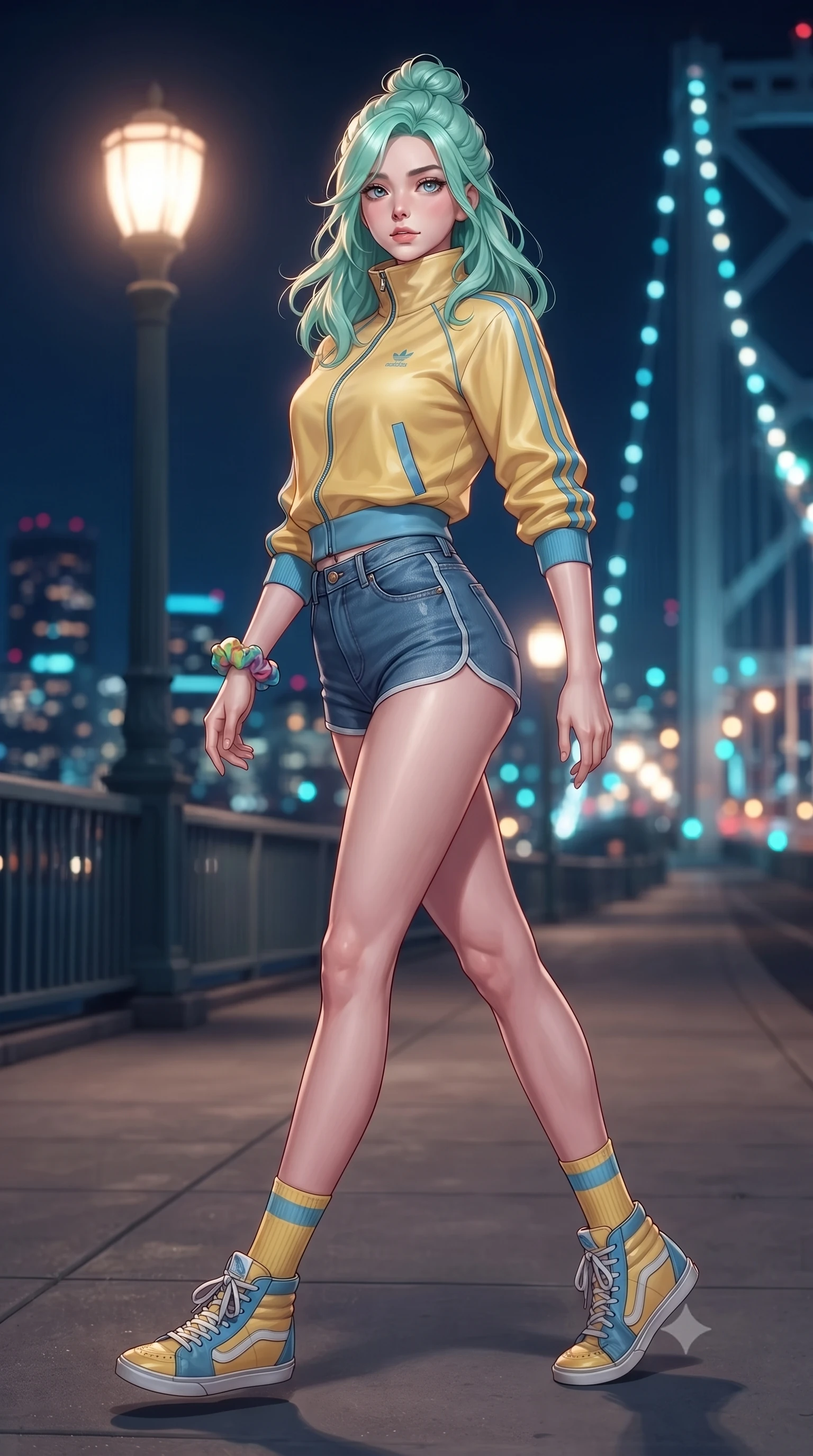 score_9, masterpiece, best quality, ultra-detailed, high-budget anime keyframe, editorial fashion photography, tasteful artistic composition, Japanese woman. low angle full-body shot from head to toe showing her feet, filling the entire 9:16 vertical frame with her statuesque presence, stretching her vertical silhouette. pivoting dynamically with supreme athletic balance and poise, her impossibly long slender legs creating a breathtaking line while standing poised on the bridge sidewalk under glowing art-deco streetlamps as distant city lights twinkle across the bay. The composition keeps background elements in soft focus with creamy bokeh. distant city harbor skylines and suspension bridge cable lights blurred into soft sapphire, amber, and turquoise bokeh. She has an absolutely perfect, statuesque 8.5-heads proportion, an exceptionally tall and slender model-like female figure with impossibly long slender legs, a toned flat midriff, and an ultra-slim waist. sharp v-shaped jawline, high-bridge nose, intricate jewel-like eyes with depth, thick eyelashes, glossy lips with a natural sheen, captivating and magnetic expression, flawlessly proportioned anatomical accuracy, strict slender model proportions, natural body alignment, perfectly sculpted long slender limbs, ultra-slim waistline, clean dynamic posture without body distortion. wearing a sporty 80s retro track jacket paired with high-waisted dolphin running shorts and tube socks in sunny retro canary yellow and sky blue, made of premium heavyweight washed denim and breathable cotton poplin, accessorized with a colorful scrunchie on her wrist and classic retro high-top sneakers, the liquid-tight tailored fabric emphasizing every curve of her tall, slender model proportions and sculptured silhouette during dynamic movement. illuminated by crisp metallic reflections tracing her ultra-slim waistline, collarbones, and long legs. ultra-reflective glossy finish, specular highlights, rich textural contrasts, high-contrast stereoscopic depth, volumetric dynamic lighting, 2k, ultra detail, master piece, 9:16 ratio