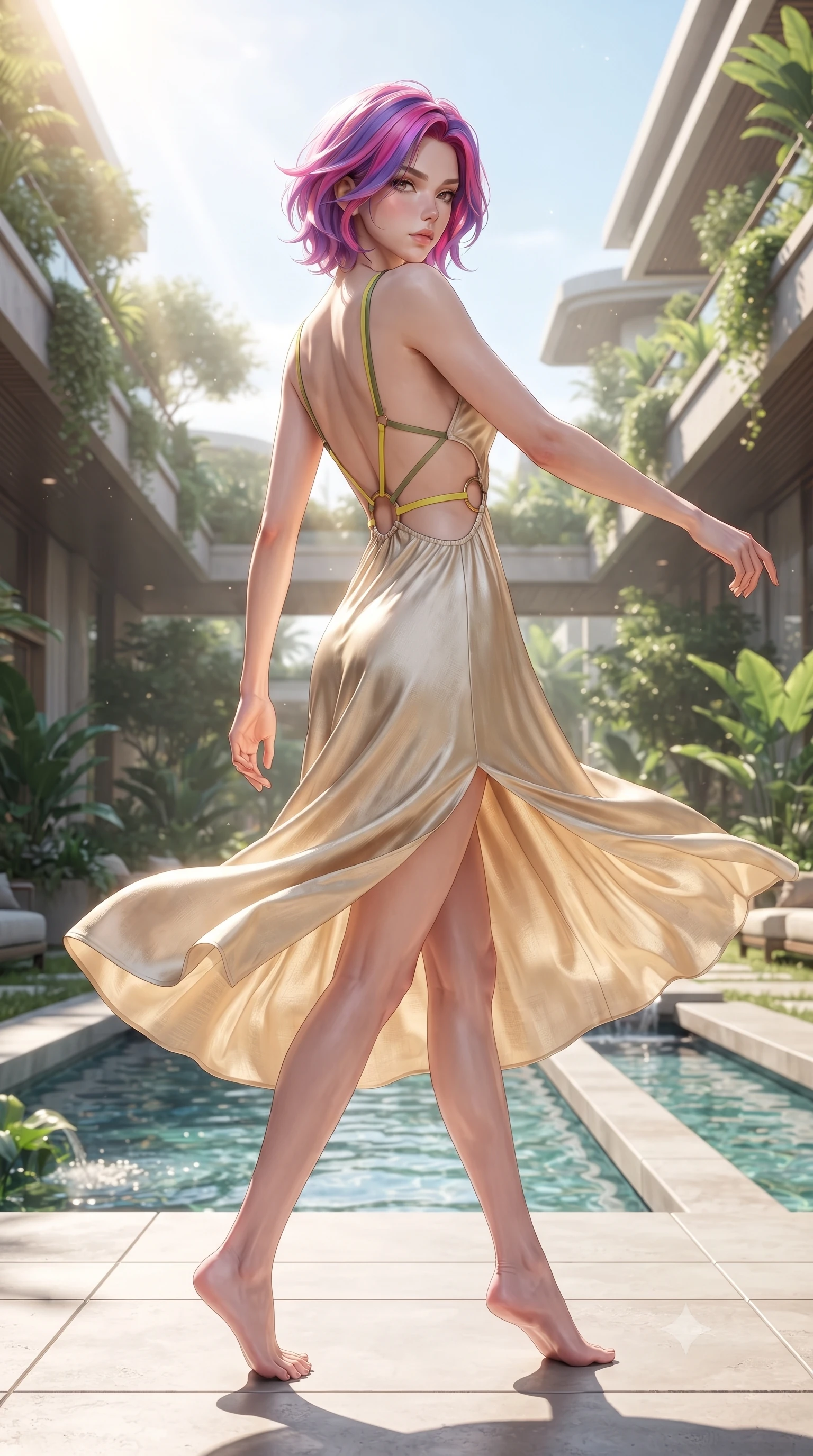 score_9, masterpiece, best quality, ultra-detailed, high-budget anime keyframe, editorial fashion photography, tasteful artistic composition, Caucasian woman. low angle full-body shot from head to toe showing her feet, filling the entire 9:16 vertical frame with her statuesque presence, stretching her vertical silhouette. executing an elegant mid-motion turn as garments swirl around her slender limbs, glancing over her shoulder with smoldering allure while reclining on the sunlit terrace with legs crossed, basking in warm golden sunbeams that illuminate her toned midriff. The surrounding environment is rendered in vivid detail and crisp panoramic clarity. detailed architectural greenery, flowing water channels, and fabric textures in crisp panoramic resolution. She has an absolutely perfect, statuesque 8.5-heads proportion, an exceptionally tall and slender model-like female figure with impossibly long slender legs, a toned flat midriff, and an ultra-slim waist. sharp v-shaped jawline, high-bridge nose, intricate jewel-like eyes with depth, thick eyelashes, glossy parted lips with a natural sheen, intensely captivating and seductive expression, flawlessly proportioned anatomical accuracy, strict slender model proportions, natural body alignment, perfectly sculpted long slender limbs, ultra-slim waistline, clean dynamic posture without body distortion. wearing a radiant champagne silk slip dress with an ultra-deep plunging back and delicate thin straps in olive leaf green and bright solar yellow, crafted from breathable crinkled linen and lightweight modal knit, accented with sculptural brass ring hardware framing the torso cutouts, the relaxed yet flattering fit accentuating her naturally graceful and slender figure, highlighting her tall statuesque proportions. surrounded by an optimistic, radiant, and breathlessly beautiful eco-utopian goddess aura. ultra-reflective glossy finish, specular highlights, rich textural contrasts, high-contrast stereoscopic depth, volumetric dynamic lighting, 2k, ultra detail, master piece, 9:16 ratio