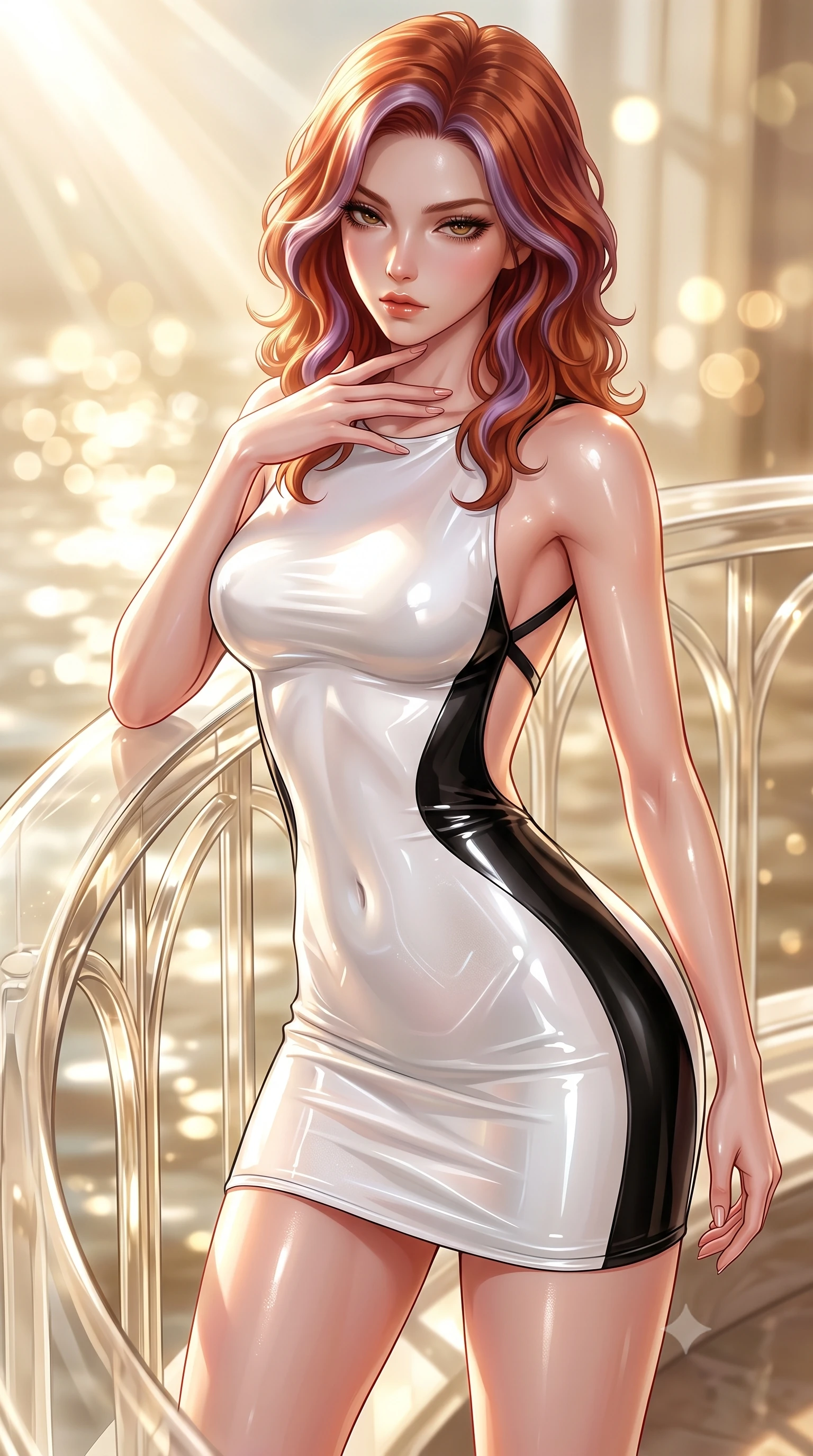 score_9, masterpiece, best quality, ultra-detailed, high-budget anime keyframe, semi-realistic 3D game render, editorial fashion photography, tasteful artistic composition, Caucasian woman. close-up cowboy shot from the waist and thighs up, the character dominates the composition, filling the frame with her large presence. resting her fingers lightly against her throat while looking down with a smoldering, haughty yet intensely captivating glance while leaning seductively against a curved crystal balustrade with sunlight reflecting off her glossy skin. The composition keeps background elements in soft focus with creamy bokeh. champagne-tinted glass reflections and shimmering water surfaces blurred into glowing golden bokeh. She has an exceptionally elegant, slender, and willowy female figure with an ultra-slim waist, a gracefully sculpted slender torso, toned flat midriff, and a refined slim silhouette. sharp v-shaped jawline, high-bridge nose, intricate jewel-like eyes with depth, thick eyelashes, glossy lips with a natural sheen, flawlessly proportioned anatomical accuracy, strict slender model proportions, natural body alignment, perfectly sculpted long slender limbs, ultra-slim waistline, clean dynamic posture without body distortion. wearing a second-skin fashion-latex mini dress with a clean architectural front, featuring an open-back design that wraps around the sides of her waist, showcasing her slender silhouette in high-gloss monochrome white and sharp black contrast, tailored from semi-translucent cybernetic vinyl with glowing micro-filaments, complemented by criss-cross back straps highlighting her completely bare spine, the form-contouring material adhering flawlessly to her sculpted flat midriff and slender torso, emphasizing her long leg lines and perfectly proportioned willowy build. bathed in warm champagne-gold sunbursts and sparkling aquatic water refractions. highly saturated vibrant anime colors, detailed shading with soft gradients, rich glossy textures, high-contrast stereoscopic depth, volumetric dynamic lighting, master piece, 9:16 ratio