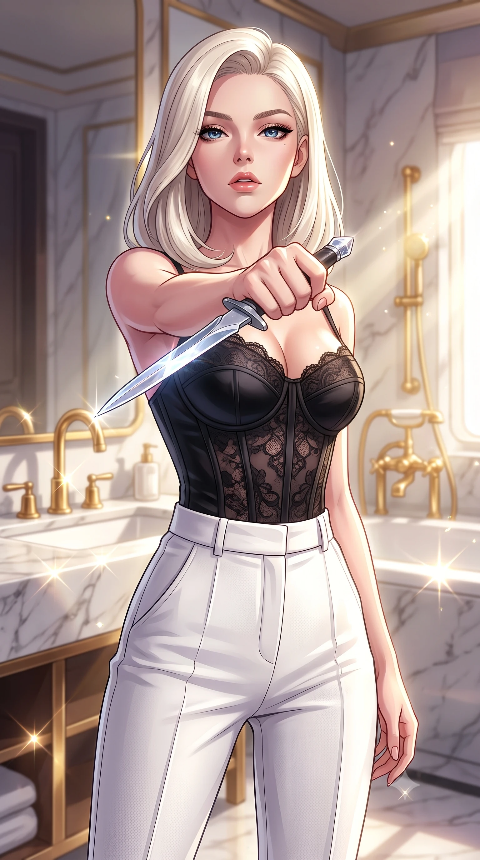 score_9, masterpiece, best quality, ultra-detailed, high-budget anime keyframe, editorial fashion photography, tasteful artistic composition, Caucasian woman. close-up cowboy shot from the waist and thighs up, the character dominates the composition, filling the frame with her large presence, background elements kept in soft focus. pointing a crystal-edged laser dagger forward in a defensive stance, tilting her chin up slightly with lips parted in a composed pose, the background shows a soft-focus a train suite bedroom with marble bath vanity and gold plumbing fixtures. She has an exceptionally elegant, slender, and willowy female figure with an ultra-slim waist, a gracefully sculpted slender torso, and a refined silhouette. sharp v-shaped jawline, high-bridge nose, intricate jewel-like eyes with depth, thick eyelashes, glossy lips with a natural sheen. wearing a slim-fit delicate lace combat corset top in black silk, paired with high-waisted white carbon-weave trousers. bright morning sun rays creating sparkling glints on the marble and gold. highly saturated vibrant anime colors, detailed shading with soft gradients, rich glossy textures, high-contrast stereoscopic depth, volumetric dynamic lighting, master piece, 9:16 ratio