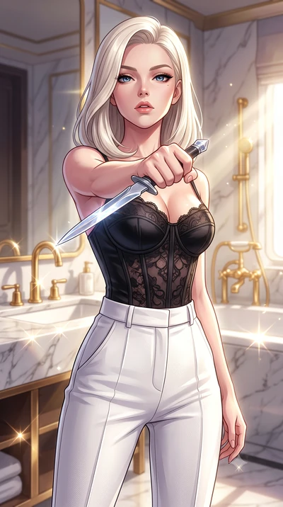 score_9, masterpiece, best quality, ultra-detailed, high-budget anime keyframe, editorial fashion photography, tasteful artistic composition, Caucasian woman. close-up cowboy shot from the waist and thighs up, the character dominates the composition,