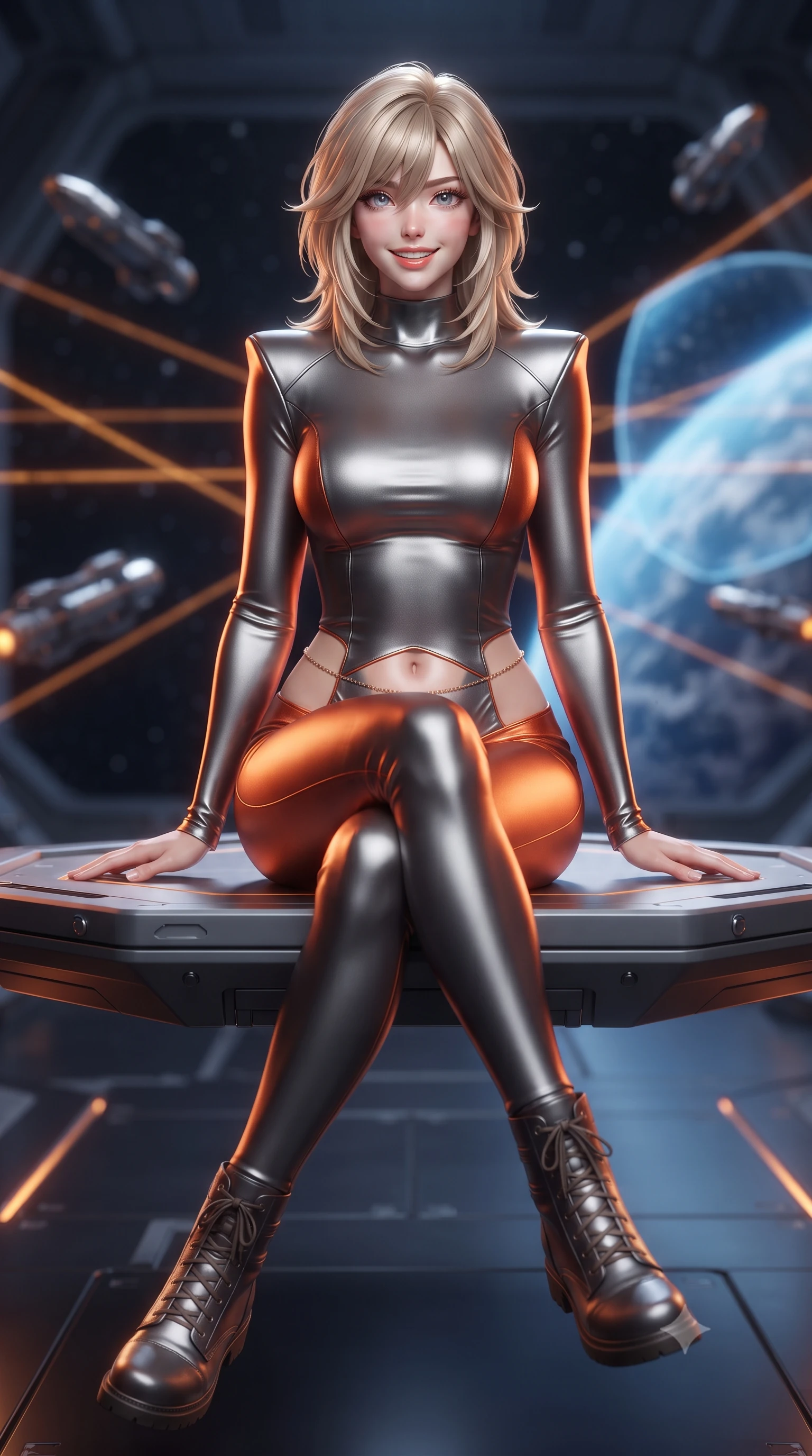 score_9, masterpiece, best quality, ultra-detailed, high-budget anime keyframe, editorial fashion photography, tasteful artistic composition, Japanese woman. low angle full-body shot from head to toe showing her feet, filling the entire 9:16 vertical frame with her statuesque presence, stretching her vertical silhouette. reclining gracefully across the plush chaise lounge with one leg extended, her sculpted silhouette and flat midriff radiating magnetic nocturnal glamour while sitting gracefully on the floating magnetic inspection platform with legs crossed, flashing a teasing smile with parted glossy lips. The background shows a soft-focus floating kinetic railgun shells in zero-g magnetic cradles, criss-crossing amber laser scanning grids, and open hangar shields revealing blue Earth blurred into amber, cobalt, and onyx bokeh. She has an exceptionally tall and slender model-like 8.5-heads proportion, an ultra-slim waist, a flat toned midriff, narrow delicate ribcage, and beautifully sculpted feminine hips creating a graceful, slim hourglass silhouette without any bulky heaviness, with impossibly long slender legs. sharp v-shaped jawline, high-bridge nose, intricate jewel-like sparkling eyes with depth, thick eyelashes, glossy parted lips with a natural peach sheen, bright cheerful beaming smile with an enchanting and coquettish sensual glint, exuding both youthful cute charm and seductive allure, flawlessly proportioned anatomical accuracy, strict slender model proportions, natural body alignment, perfectly sculpted long slender limbs, ultra-slim waistline, clean dynamic posture without body distortion. wearing a body-hugging liquid mercury jersey combat gown with high mock neck and structured shoulder pads clinging flawlessly to her silhouette in volcanic ember orange and brushed gunmetal, woven from structured carbon-fiber jacquard with rich textural depth, accented with a dainty gold belly chain resting across her flat midriff and curving hips, the liquid-tight tailored fabric clinging flawlessly to her narrow waist and rounded feminine hips, emphasizing every millimeter of her sculpted slim hourglass curves without any bulky heaviness. illuminated by dark titanium floor reflection bounce and sharp platinum-amber rim lights sculpting her jawline, narrow waist, and curvy hips. ultra-reflective glossy finish, specular highlights, rich textural contrasts, high-contrast stereoscopic depth, volumetric dynamic lighting, 2k, ultra detail, master piece, 9:16 ratio