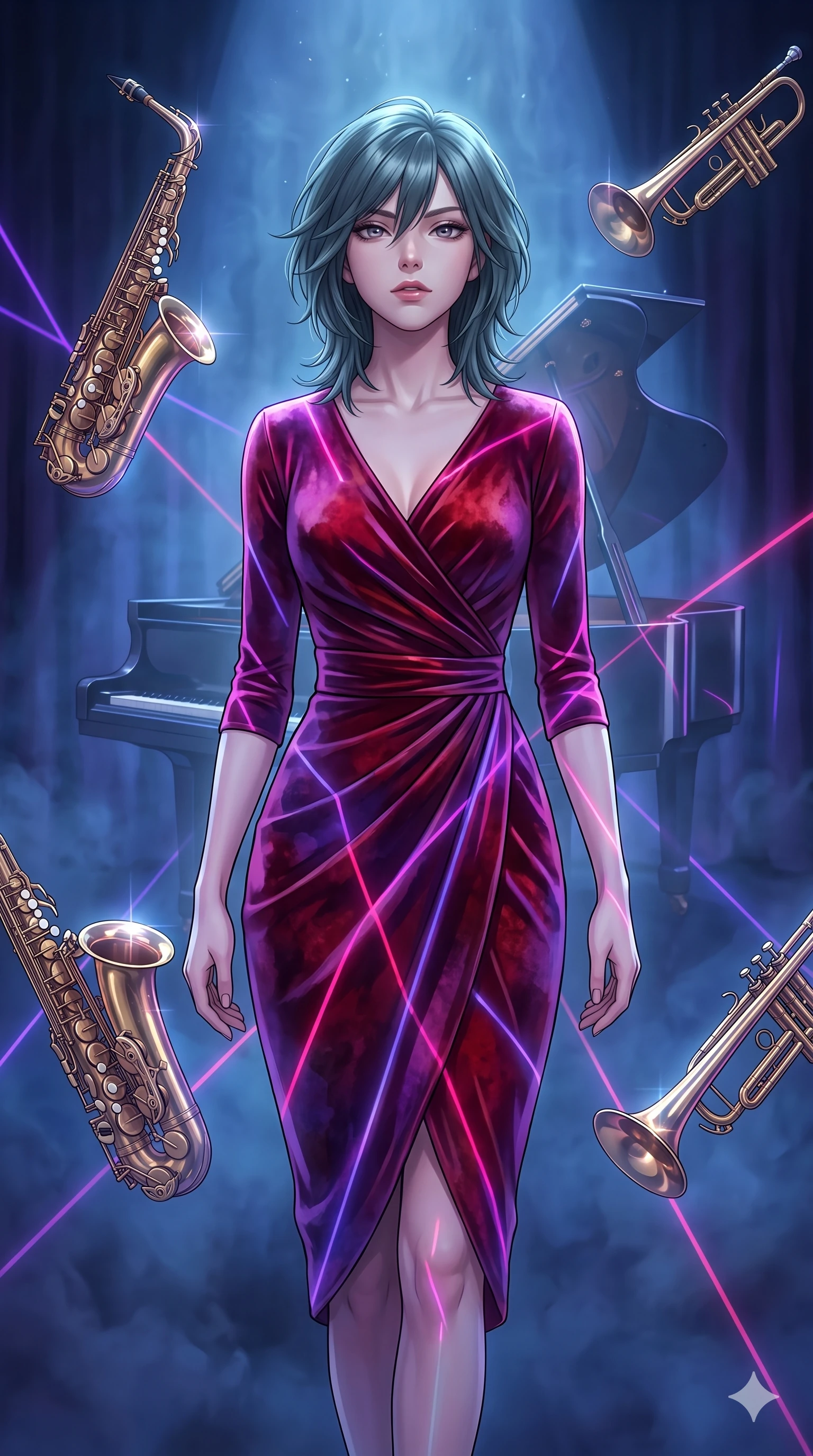 score_9, masterpiece, best quality, ultra-detailed, high-budget anime keyframe, editorial fashion photography, tasteful artistic composition, Caucasian woman, strictly human ears. close-up cowboy shot from the waist and thighs up, the character dominates the composition, filling the frame with her large presence, background elements kept in soft focus. Gazing past the camera with an air of effortless superiority. set against a soft-focus background of commanding the spotlight on a velvet-curtained jazz club stage surrounded by floating brass saxophones and trumpets that gleam in the smoky blue atmosphere with a grand piano hovering behind her. She has an exceptionally elegant and slender, willowy female figure with an ultra-slim waist, a gracefully sculpted slender torso, and a refined slim physique. sharp v-shaped jawline, high-bridge nose, intricate jewel-like eyes with depth, thick eyelashes, glossy lips with a natural sheen. wearing a wrap-front fitted midi dress in deep crimson and violet watercolor velvet, drawing focus to her slender waist through strategic draping. laser lines of violet and hot pink reflecting off surfaces casting geometric neon highlights. 2k, ultra detail, master piece, 9:16 ratio