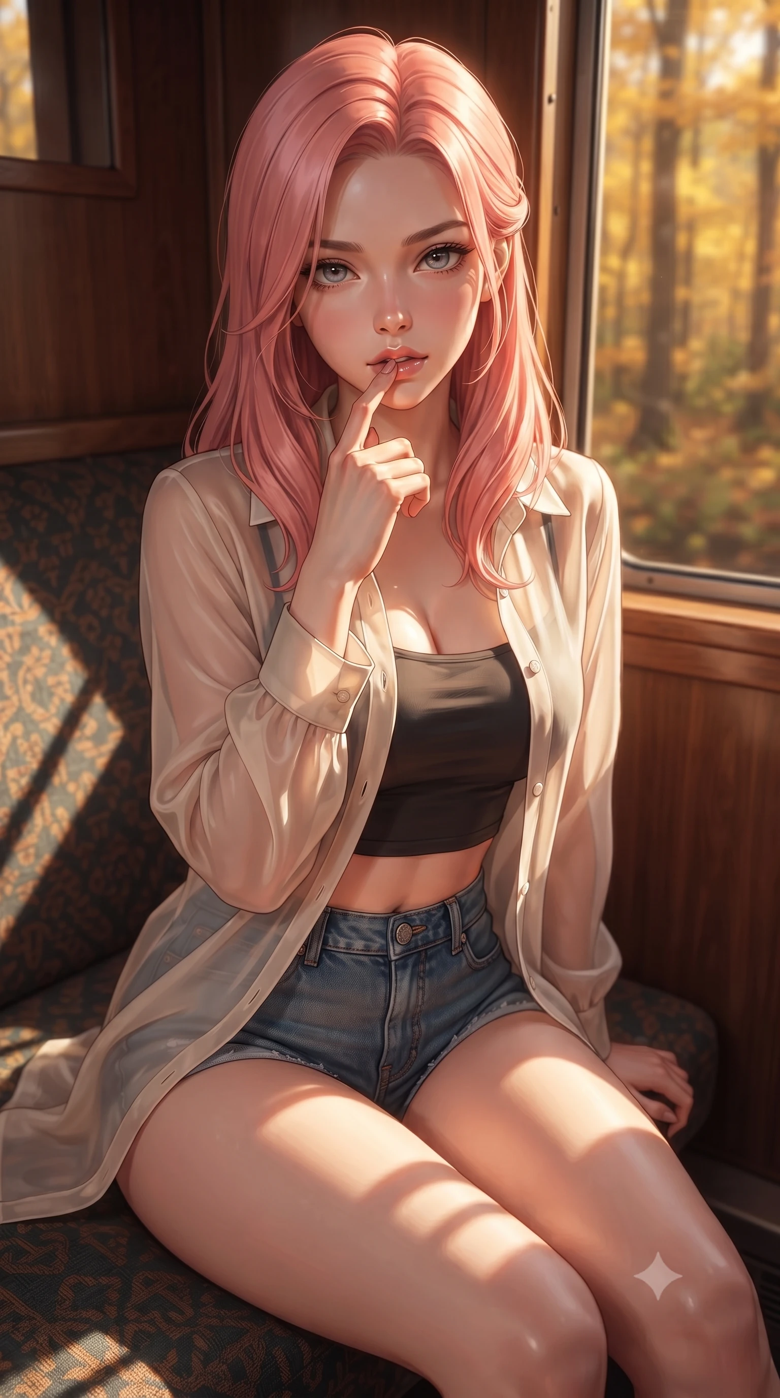 score_9, masterpiece, best quality, ultra-detailed, high-budget anime keyframe, editorial fashion photography, tasteful artistic composition, Japanese woman. close-up cowboy shot from the waist and thighs up, the character dominates the composition, filling the frame with her large presence, background elements kept in soft focus. pressing one finger to her bottom lip in a thoughtful, seductive gesture under the warm sun the background shows a soft-focus a train cabin corner during autumn, looking at golden forests in soft focus. She has an exceptionally elegant, slender, and willowy female figure with an ultra-slim waist, a gracefully sculpted slender torso, and a refined silhouette. sharp v-shaped jawline, high-bridge nose, intricate jewel-like eyes with depth, thick eyelashes, glossy lips with a natural sheen. wearing a tailored lightweight chiffon cover-up shirt worn open over a crop top and high-cut shorts. warm late afternoon sunrays casting long wooden frame shadows on the floor. ultra-reflective glossy finish, specular highlights, metallic sheen, high-contrast stereoscopic depth, volumetric dynamic lighting, 2k, ultra detail, master piece, 9:16 ratio