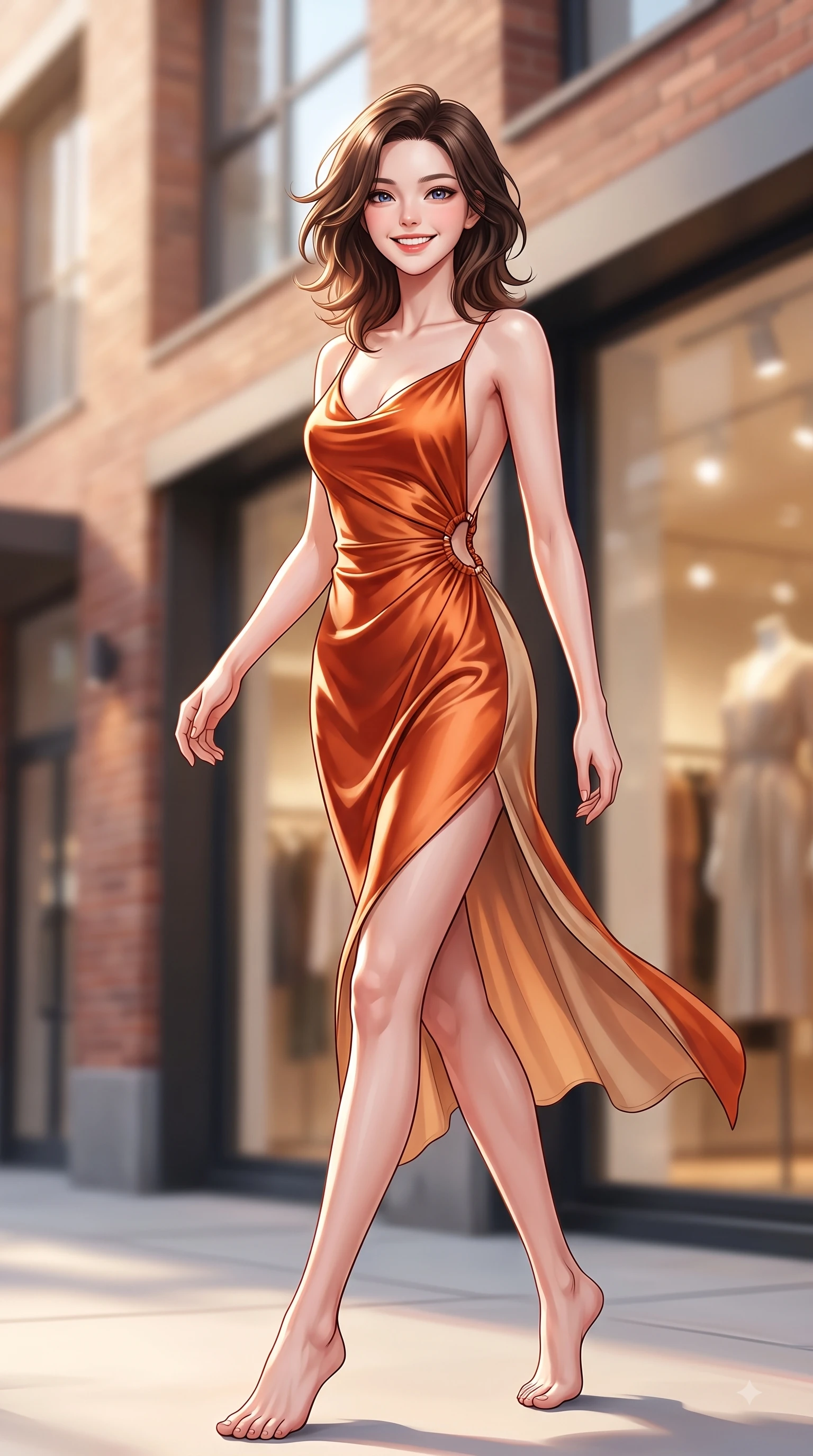 score_9, masterpiece, best quality, ultra-detailed, high-budget anime keyframe, editorial fashion photography, tasteful artistic composition, Korean woman. low angle full-body shot from head to toe showing her feet, filling the entire 9:16 vertical frame with her statuesque presence, stretching her vertical silhouette. stepping forward gracefully in mid-motion with a delighted cute expression, displaying her statuesque model proportions while pivoting gracefully outside a luxury fashion popup store with a captivating bright smile. The composition keeps background elements in soft focus with dreamy bokeh. modern brick architecture and chic boutique windows blurred into warm, creamy background bokeh. She has an absolutely perfect, statuesque 8.5-heads proportion, an exceptionally tall and slender model-like female figure with impossibly long slender legs and an ultra-slim waist. sharp v-shaped jawline, high-bridge nose, intricate jewel-like eyes with depth, thick eyelashes, glossy lips with a natural sheen, flawlessly proportioned anatomical accuracy, natural body alignment, perfectly sculpted elegant limbs, clean dynamic posture without body distortion. wearing a precision-fitted liquid satin slip dress with fluid draped lines and an open back in bright burnt orange and warm beige, knitted from soft cozy cashmere yarn, accented with subtle metallic ring hardware framing her waist, the elegant draped fit framing her graceful clavicle and slender torso. illuminated by crisp clear afternoon key light and vibrant specular highlights. highly saturated vibrant anime colors, detailed shading with soft gradients, rich glossy textures, high-contrast stereoscopic depth, volumetric dynamic lighting, master piece, 9:16 ratio