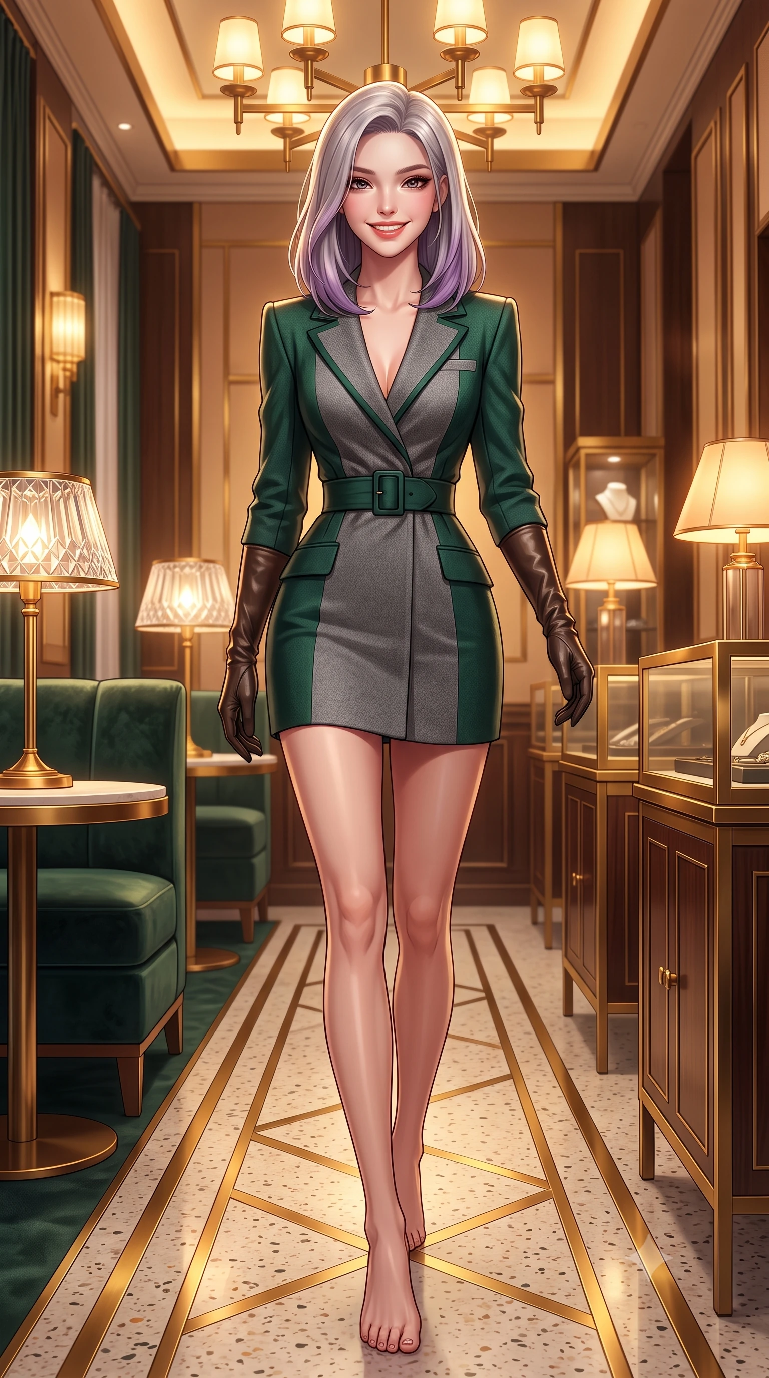score_9, masterpiece, best quality, ultra-detailed, high-budget anime keyframe, semi-realistic 3D game render, editorial fashion photography, tasteful artistic composition, Caucasian woman. low angle full-body shot from head to toe showing her feet, filling the entire 9:16 vertical frame with her statuesque presence, stretching her vertical silhouette. stepping forward gracefully in mid-motion with a radiant beaming smile, hips swaying with supermodel rhythm as her vertical silhouette fills the frame while walking through the 1920s-inspired Ginza salon past brass-framed vitrines, turning with magnetic cosmopolitan charm. The surrounding environment is rendered in vivid detail and crisp panoramic clarity: sharp brass geometric inlay strips in terrazzo flooring, cut-crystal lamp shade facets, and velvet upholstery pile in deep focus. She has an exceptionally tall and slender model-like 8.5-heads proportion, an ultra-slim waist, a flat toned midriff, narrow delicate ribcage, and beautifully sculpted feminine hips creating a graceful, slim hourglass silhouette without any bulky heaviness, with impossibly long slender legs. sharp v-shaped jawline, high-bridge nose, intricate jewel-like sparkling eyes with depth, thick eyelashes, glossy parted lips with a natural peach sheen, bright cheerful beaming smile with an enchanting and coquettish sensual glint, exuding both youthful cute charm and seductive allure, flawlessly proportioned anatomical accuracy, strict slender model proportions, natural body alignment, perfectly sculpted long slender limbs, ultra-slim waistline, clean dynamic posture without body distortion. wearing a bespoke hourglass-tailored wool blazer dress with structured shoulders and a deeply cinched belt, highlighting her sculpted feminine hips in St. Moritz pine forest emerald and heather grey, crafted from liquid-tight stretch cashmere knit clinging flawlessly to every curve with silky softness, complemented by buttery leather opera gloves tracing her slender arms with sleek polish, the glove-like clinging cut tightly following the natural contour of her hips and long slender legs with youthful 8.5-heads elegance. bathed in warm 2900K incandescent amber illumination from authentic Art Deco brass chandeliers and table lamps. highly saturated vibrant anime colors, detailed shading with soft gradients, rich glossy textures, high-contrast stereoscopic depth, volumetric dynamic lighting, master piece, 9:16 ratio
