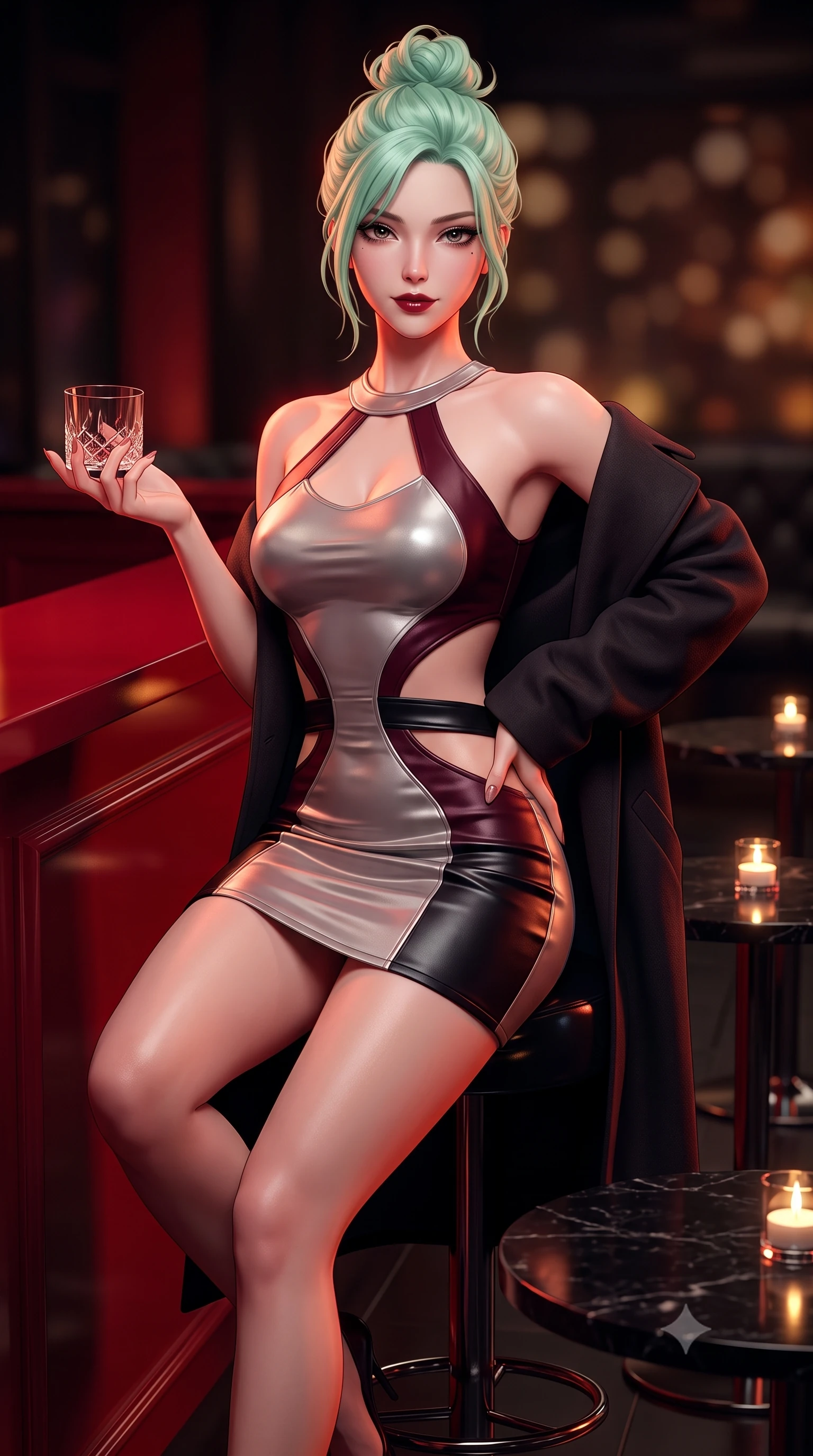 score_9, masterpiece, best quality, ultra-detailed, high-budget anime keyframe, semi-realistic 3D game render, editorial fashion photography, tasteful artistic composition, Japanese woman. close-up cowboy shot from the waist and thighs up, the character dominates the composition, filling the frame with her large presence. twisting her slender torso in an alluring contrapposto stance, one hand resting on her sculpted hip while holding a crystal glass with effortless poise while sitting on a high glossy black stool beside a polished crimson lacquer partition, arching her lower back with a tantalizing, smoldering smile. The composition keeps background elements in soft focus with dreamy creamy bokeh. flickering tea-light candles on black marble tables softened in moody lounge shallow focus. She has an exceptionally elegant, slender, and willowy female figure with an ultra-slim waist, flat toned midriff, narrow ribcage, and sculpted feminine hips creating an alluring, slim hourglass silhouette without bulk. sharp v-shaped jawline, high-bridge nose, intricate jewel-like dark sparkling eyes with dangerous depth, thick curled eyelashes, glossy parted lips with a rich wine sheen, smoldering seductive half-smile with bedroom-eyes, exuding effortless superiority and intoxicating dark allure, flawlessly proportioned anatomical accuracy, strict slender model proportions, natural body alignment, perfectly sculpted long slender limbs, ultra-slim waistline, clean dynamic posture without body distortion. wearing a cut-out liquid silver mini dress with open-waist architecture emphasizing her hourglass curves in deep wine burgundy and lustrous obsidian, made of supple butter-soft lambskin leather with a subtle satin sheen, complemented by an oversized dark cashmere coat draped casually over one shoulder, the glove-like silhouette tightly following the natural contour of her hips and long slender legs with youthful 8.5-heads elegance. bathed in intense crimson and deep amber low-key accent lighting. highly saturated vibrant anime colors, detailed shading with soft gradients, rich glossy textures, high-contrast stereoscopic depth, volumetric dynamic lighting, master piece, 9:16 ratio