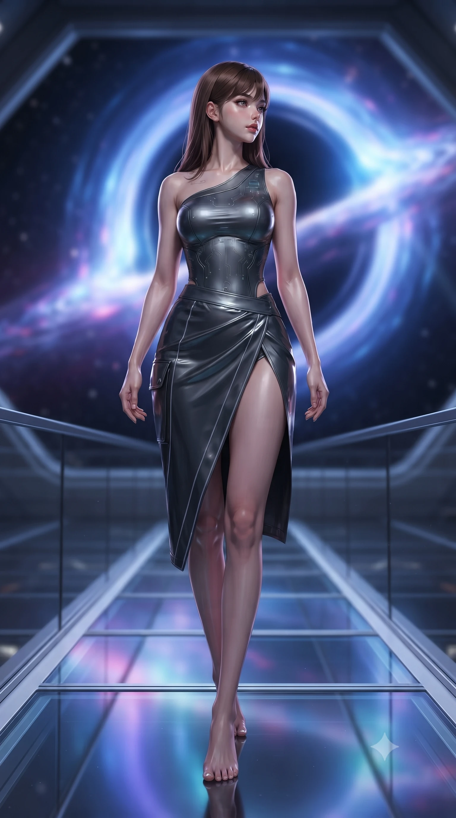 score_9, masterpiece, best quality, ultra-detailed, high-budget anime keyframe, editorial fashion photography, tasteful artistic composition, Korean woman. low angle full-body shot from head to toe showing her feet, filling the entire 9:16 vertical frame with her statuesque presence, stretching her vertical silhouette. walking slowly along a glass skybridge, looking back over her shoulder with an air of effortless grace, the background shows a soft-focus a citadel cockpit window view facing a black hole singularity in deep space. She has an absolutely perfect, statuesque 8.5-heads proportion, an exceptionally tall and slender model-like female figure with impossibly long slender legs and an ultra-slim waist. sharp v-shaped jawline, high-bridge nose, intricate jewel-like eyes with depth, thick eyelashes, glossy lips with a natural sheen. wearing a body-hugging asymmetric one-shoulder nanotech bodice paired with a daring high-slit tactical utility wrap skirt. intense blue and violet light ripples from the singularity casting reflections. ultra-reflective glossy finish, specular highlights, metallic sheen, high-contrast stereoscopic depth, volumetric dynamic lighting, 2k, ultra detail, master piece, 9:16 ratio