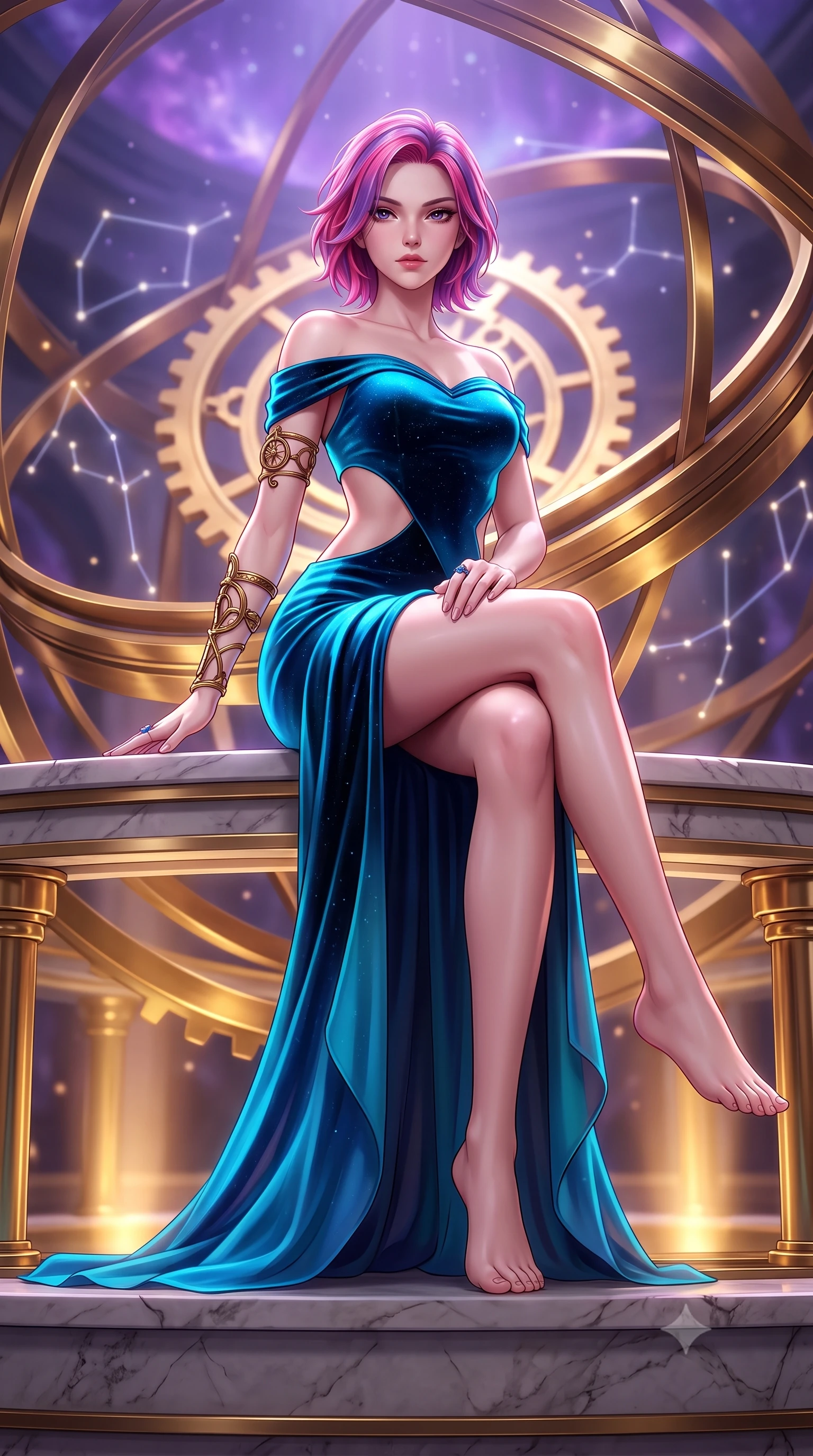 score_9, masterpiece, best quality, ultra-detailed, high-budget anime keyframe, semi-realistic 3D game render, editorial fashion photography, tasteful artistic composition, Caucasian woman. low angle full-body shot from head to toe showing her feet, filling the entire 9:16 vertical frame with her statuesque presence, stretching her vertical silhouette. sitting perched on the elevated ledge with hips angled toward the camera and legs crossed, displaying her toned midriff and flawlessly sculpted slender limbs while leaning back against the polished brass rings of a colossal rotating armillary sphere, hips tilted in a seductive contrapposto stance. The composition keeps background elements in soft focus with creamy bokeh. glowing brass astrolabe gears and constellation hologram lines softened in romantic shallow focus. She has an absolutely perfect, statuesque 8.5-heads proportion, an exceptionally tall and slender model-like female figure with impossibly long slender legs, a toned flat midriff, an ultra-slim waist, and beautifully sculpted feminine hips. sharp v-shaped jawline, high-bridge nose, intricate jewel-like eyes with depth, thick eyelashes, glossy parted lips with a natural sheen, intensely captivating and seductive bedroom-eyes expression, flawlessly proportioned anatomical accuracy, strict slender model proportions, natural body alignment, perfectly sculpted long slender limbs, ultra-slim waistline, clean dynamic posture without body distortion. wearing an off-shoulder celestial velvet gown with an architectural open-waist cutout and high side slit in electric cyan and deep interstellar black, woven from layered gossamer chiffon with a weightless sweeping drape, accessorized with an intricate brass astrolabe armlet and sapphire ring, the liquid-tight tailored fabric clinging flawlessly to her narrow waist and rounded feminine hips, emphasizing every millimeter of her sculpted hourglass curves during movement. bathed in cool violet nebula glow from above and warm golden brass indicator uplights. highly saturated vibrant anime colors, detailed shading with soft gradients, rich glossy textures, high-contrast stereoscopic depth, volumetric dynamic lighting, master piece, 9:16 ratio