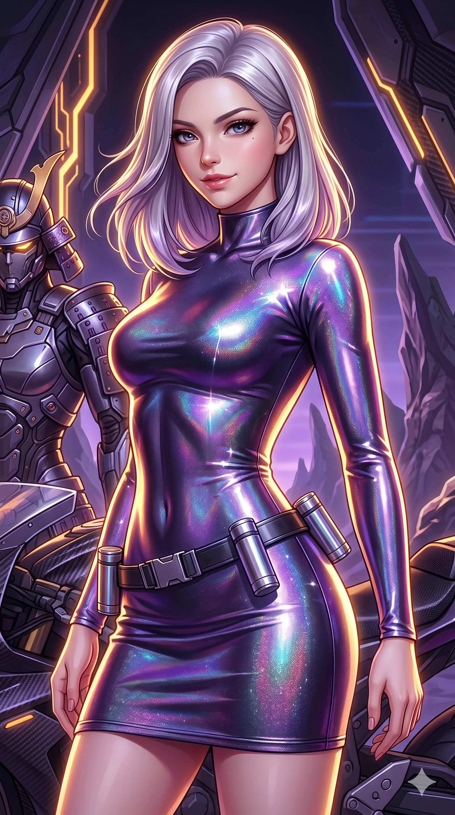 score_9, masterpiece, best quality, ultra-detailed, high-budget anime keyframe, semi-realistic 3D game render, editorial fashion photography, tasteful artistic composition, Caucasian woman. close-up cowboy shot from the waist and thighs up, the character dominates the composition, filling the frame with her large presence. turning slowly with an enchanting smoldering smile, her glossy hair tossing as her hips angle gracefully in a captivating contrapposto while twisting her slender torso in an alluring contrapposto, dual amber-violet solar rays tracing her narrow waist and curvy hips in sharp contrast. The surrounding environment is rendered in vivid detail and crisp panoramic clarity: intricate cyber-samurai armor plating, sleek carbon weave, and alien geological formations in razor-sharp precision. She has an exceptionally elegant, slender, and willowy female figure with an ultra-slim waist, flat toned midriff, narrow ribcage, and sculpted feminine hips creating an alluring, slim hourglass silhouette without bulk. sharp v-shaped jawline, high-bridge nose, intricate jewel-like sparkling eyes with depth, thick eyelashes, glossy parted lips with a natural sheen, bright confident smile with an enchanting and coquettish sensual glint, exuding both youthful magnetic charm and sovereign high-tech allure, flawlessly proportioned anatomical accuracy, strict slender model proportions, natural body alignment, perfectly sculpted long slender limbs, ultra-slim waistline, clean dynamic posture without body distortion. wearing a glove-like stretch lambskin cyber-sheath dress accentuating her ultra-slim waistline without bulk in iridescent dark chrome and holographic violet, woven from stretch metallic lurex jersey casting radiant starlight glints across her curves, accented with a sleek utility belt with polished magnetic canisters resting loosely on her curvy hips, the impeccably tailored cut draping gracefully along her slender figure with aristocratic poise. illuminated by glowing monolith circuit veins and sharp golden-amber rim lights sculpting her razor-sharp jawline, narrow waist, and curvy hips. highly saturated vibrant anime colors, detailed shading with soft gradients, rich glossy textures, high-contrast stereoscopic depth, volumetric dynamic lighting, master piece, 9:16 ratio