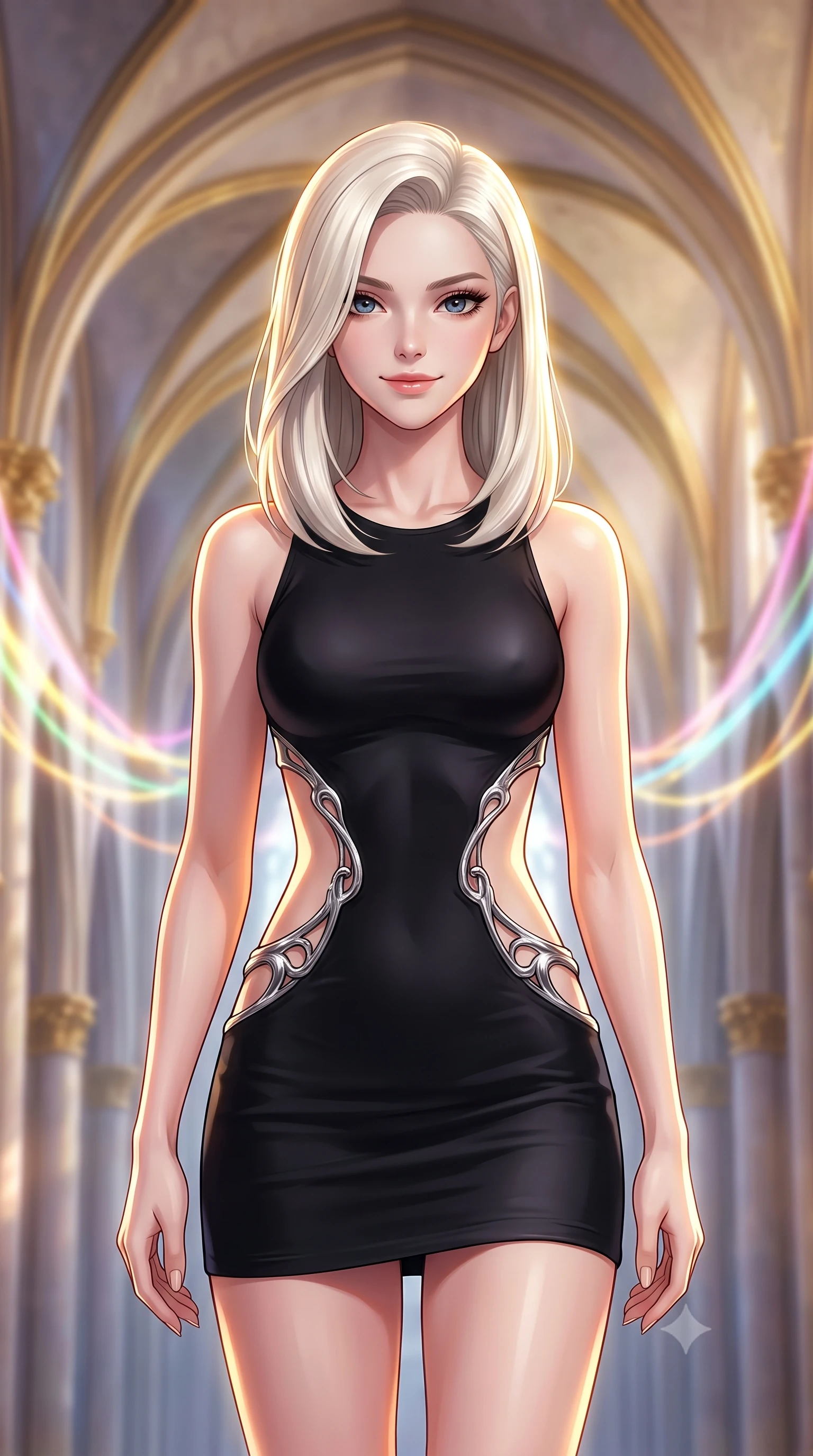 score_9, masterpiece, best quality, ultra-detailed, high-budget anime keyframe, editorial fashion photography, tasteful artistic composition, Caucasian woman. close-up cowboy shot from the waist and thighs up, the character dominates the composition, filling the frame with her large presence, background elements kept in soft focus. Smiling with quiet, magnetic self-assurance directly into the lens guiding glowing choir light threads weaving through majestic vaulted arches, golden filigree details on the architecture shining with brilliant luster. She has an exceptionally elegant, slender, and willowy female figure with an ultra-slim waist, a gracefully sculpted slender torso, and a refined silhouette. sharp v-shaped jawline, high-bridge nose, intricate jewel-like eyes with depth, thick eyelashes, glossy lips with a natural sheen. wearing a dramatic open-waist cutout mini dress in matte black framed by sculptural chrome hardware, the form-contouring material highlighting her ultra-slim waist and long lines. illuminated by a warm golden key light and brilliant multi-color rim light. highly saturated vibrant anime colors, detailed shading with soft gradients, rich glossy textures, high-contrast stereoscopic depth, volumetric dynamic lighting, master piece, 9:16 ratio