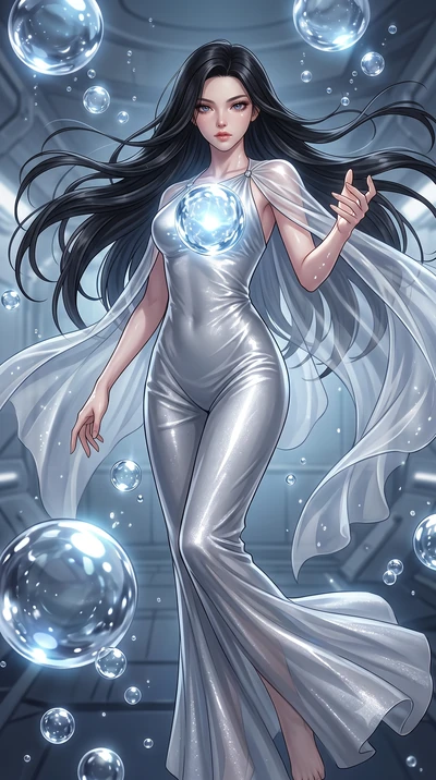 score_9, masterpiece, best quality, ultra-detailed, High-budget Anime Keyframe, East Asian woman. Low angle cowboy shot filling the entire 9:16 frame with her statuesque presence. Scenario 476: reaching out to catch a floating sphere of liquid light 