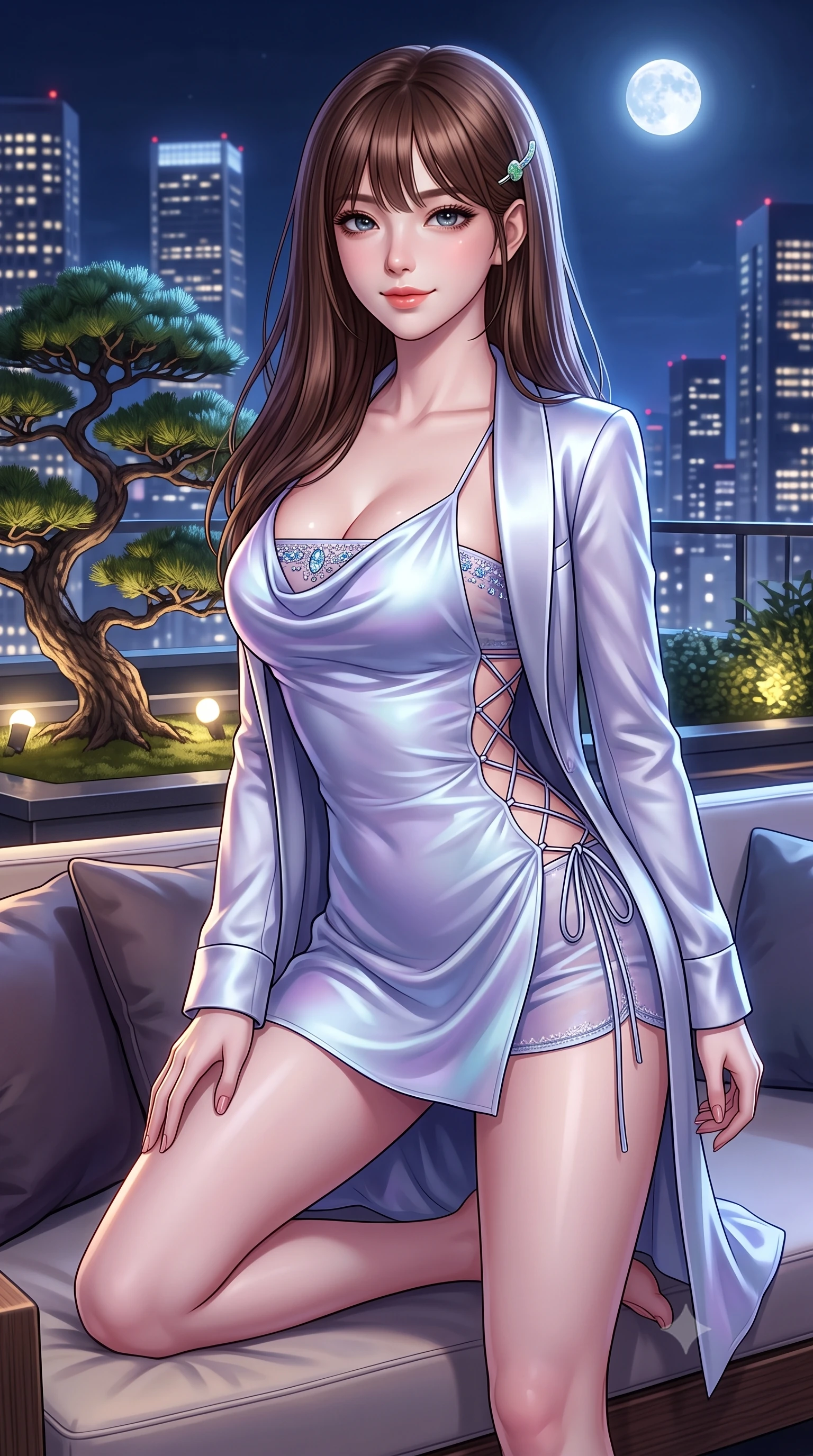 score_9, masterpiece, best quality, ultra-detailed, high-budget anime keyframe, semi-realistic 3D game render, editorial fashion photography, tasteful artistic composition, Korean woman. close-up cowboy shot from the waist and thighs up, the character dominates the composition, filling the frame with her large presence. perched sideways on the lounge seat, one knee drawn up to showcase her slender leg line while her arched back accentuates her feminine hip curve while twisting her slender torso in an alluring S-curve, gentle night breezes fluttering her silk dress as Shinjuku skyscraper towers loom behind. The surrounding environment is rendered in vivid detail and crisp panoramic clarity: detailed plunging cowl-neck silk satin slip dress drape, delicate jade hairpin gleam, and rooftop landscape craft in high resolution. She has an exceptionally elegant, slender, and willowy female figure with an ultra-slim waist, flat toned midriff, narrow ribcage, and sculpted feminine hips creating an alluring, slim hourglass silhouette without bulk. sharp v-shaped jawline, high-bridge nose, sparkling eyes with hypnotic seductive depth, thick curled eyelashes, glossy parted lips with a natural dewy peach sheen, alluring bedroom-eyes with an enchanting coquettish smile, exuding magnetic siren charisma and sophisticated glamour, flawlessly proportioned anatomical accuracy, strict slender model proportions, natural body alignment, perfectly sculpted long slender limbs, ultra-slim waistline, clean dynamic posture without body distortion. wearing a tailored open-front satin smoking jacket worn over a jewel-embellished bandeau and micro-shorts in icy aurora-violet and glacial liquid silver, made of sheer gossamer chiffon that drapes softly against skin with airy translucence, featuring fine criss-cross lace-up side ties revealing tantalizing glimpses of her hip curve, the form-contouring silhouette accentuating her sculpted flat midriff, narrow delicate ribcage, and gracefully curvy hips with intoxicating allure. bathed in soft 2800K low-voltage garden ground spotlights highlighting the bonsai pine mixed with full moon sky glow. highly saturated vibrant anime colors, detailed shading with soft gradients, rich glossy textures, high-contrast stereoscopic depth, volumetric dynamic lighting, master piece, 9:16 ratio