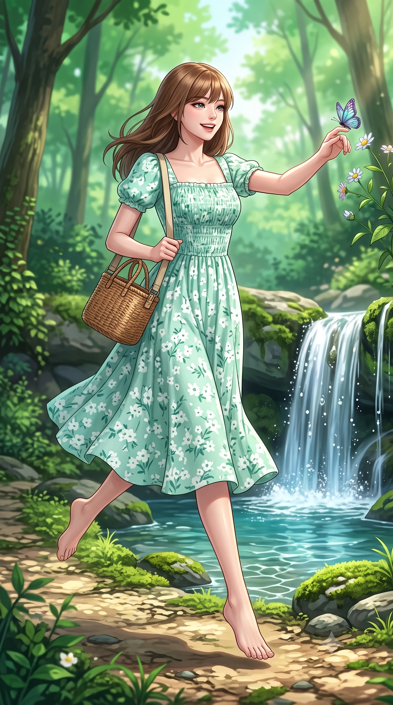 score_9, masterpiece, best quality, ultra-detailed, high-budget anime keyframe, semi-realistic 3D game render, editorial fashion photography, tasteful artistic composition, Korean woman. low angle full-body shot from head to toe showing her feet, filling the entire 9:16 vertical frame with her statuesque presence, stretching her vertical silhouette. leaping with lighthearted youthful energy across the natural path with a dazzling bright smile and balanced athletic poise while reaching out playfully to touch a delicate iridescent forest butterfly resting on a wildflower blossom. The surrounding environment is rendered in vivid detail and crisp panoramic clarity. sharp cascading waterfall droplets, velvet moss textures on river stones, and clear pool caustics in deep focus. She has an absolutely perfect, statuesque 8.5-heads proportion, an exceptionally tall and slender model-like female figure with impossibly long slender legs, a toned flat midriff, and an ultra-slim waist. sharp v-shaped jawline, high-bridge nose, intricate jewel-like eyes with depth, thick eyelashes, glossy lips with a natural sheen, pure and lovely fresh girlhood expression, flawlessly proportioned anatomical accuracy, strict slender model proportions, natural body alignment, perfectly sculpted long slender limbs, ultra-slim waistline, clean dynamic posture without body distortion. wearing a sweet square-neck smocked midi dress decorated with delicate wildflower patterns in refreshing mint green and crisp sea-salt white, made of comfortable premium stretch denim and airy cotton-jersey, accessorized with a rustic woven wicker bag and canvas strap, the chic real-way fashion cut emphasizing her effortless charm, flat midriff, and slender model proportions. illuminated by soft emerald forest bounce light accentuating her natural beauty and lovely outfit. highly saturated vibrant anime colors, detailed shading with soft gradients, rich glossy textures, high-contrast stereoscopic depth, volumetric dynamic lighting, master piece, 9:16 ratio