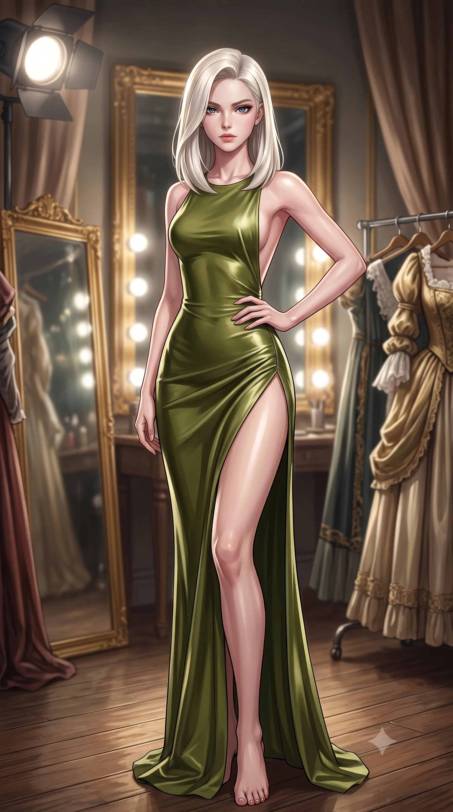 score_9, masterpiece, best quality, ultra-detailed, high-budget anime keyframe, editorial fashion photography, tasteful artistic composition, Caucasian woman. low angle full-body shot from head to toe showing her feet, filling the entire 9:16 vertical frame with her statuesque presence, stretching her vertical silhouette. posing confidently with one hand on her hip, stretching her statuesque body to emphasize her curves the background shows a soft-focus the backstage lounge of an opera house with gold mirrors and vintage costume racks. She has an absolutely perfect, statuesque 8.5-heads proportion, an exceptionally tall and slender model-like female figure with impossibly long slender legs and an ultra-slim waist. sharp v-shaped jawline, high-bridge nose, intricate jewel-like eyes with depth, thick eyelashes, glossy lips with a natural sheen. wearing a body-hugging dramatic open-back maxi dress in olive green, featuring a high thigh slit. bright vanity spotlights casting detailed front lighting with soft back shadow. ultra-reflective glossy finish, specular highlights, metallic sheen, high-contrast stereoscopic depth, volumetric dynamic lighting, 2k, ultra detail, master piece, 9:16 ratio