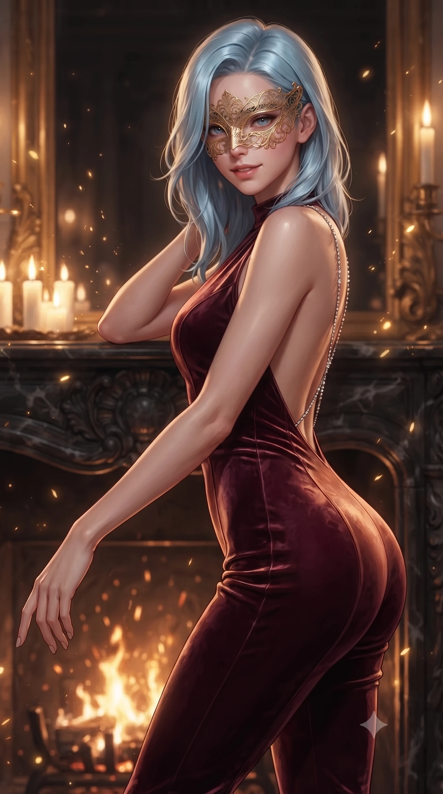 score_9, masterpiece, best quality, ultra-detailed, high-budget anime keyframe, editorial fashion photography, tasteful artistic composition, Korean woman. close-up cowboy shot from the waist and thighs up, the character dominates the composition, filling the frame with her large presence. extending one slender arm gracefully toward the foreground while casting an affectionate, mesmerizing glance while resting against a candlelit grand fireplace with mask slightly lowered, smiling with dangerous, bewitching elegance. The composition keeps background elements in soft focus with creamy bokeh. flickering fireplace sparks and gold leaf mask reflections scattering warm radiant light motes. She has an exceptionally elegant, slender, and willowy female figure with an ultra-slim waist, a gracefully sculpted slender torso, toned flat midriff, and a refined slim silhouette. sharp v-shaped jawline, high-bridge nose, intricate jewel-like eyes with depth, thick eyelashes, glossy lips with a natural sheen, captivating and magnetic expression, flawlessly proportioned anatomical accuracy, strict slender model proportions, natural body alignment, perfectly sculpted long slender limbs, ultra-slim waistline, clean dynamic posture without body distortion. wearing an undercover operative tailored backless evening catsuit with concealed gadget pockets in rich wine burgundy and liquid bronze, crafted from heavyweight crushed silk velvet with liquid luster, accented with a glittering diamond back chain tracing her bare spine, the liquid-tight tailored fabric emphasizing every curve of her tall, slender model proportions and sculptured silhouette during dynamic movement. illuminated by crisp specular highlights tracing her bare clavicle, ultra-slim waist, and flowing gown. ultra-reflective glossy finish, specular highlights, rich textural contrasts, high-contrast stereoscopic depth, volumetric dynamic lighting, 2k, ultra detail, master piece, 9:16 ratio