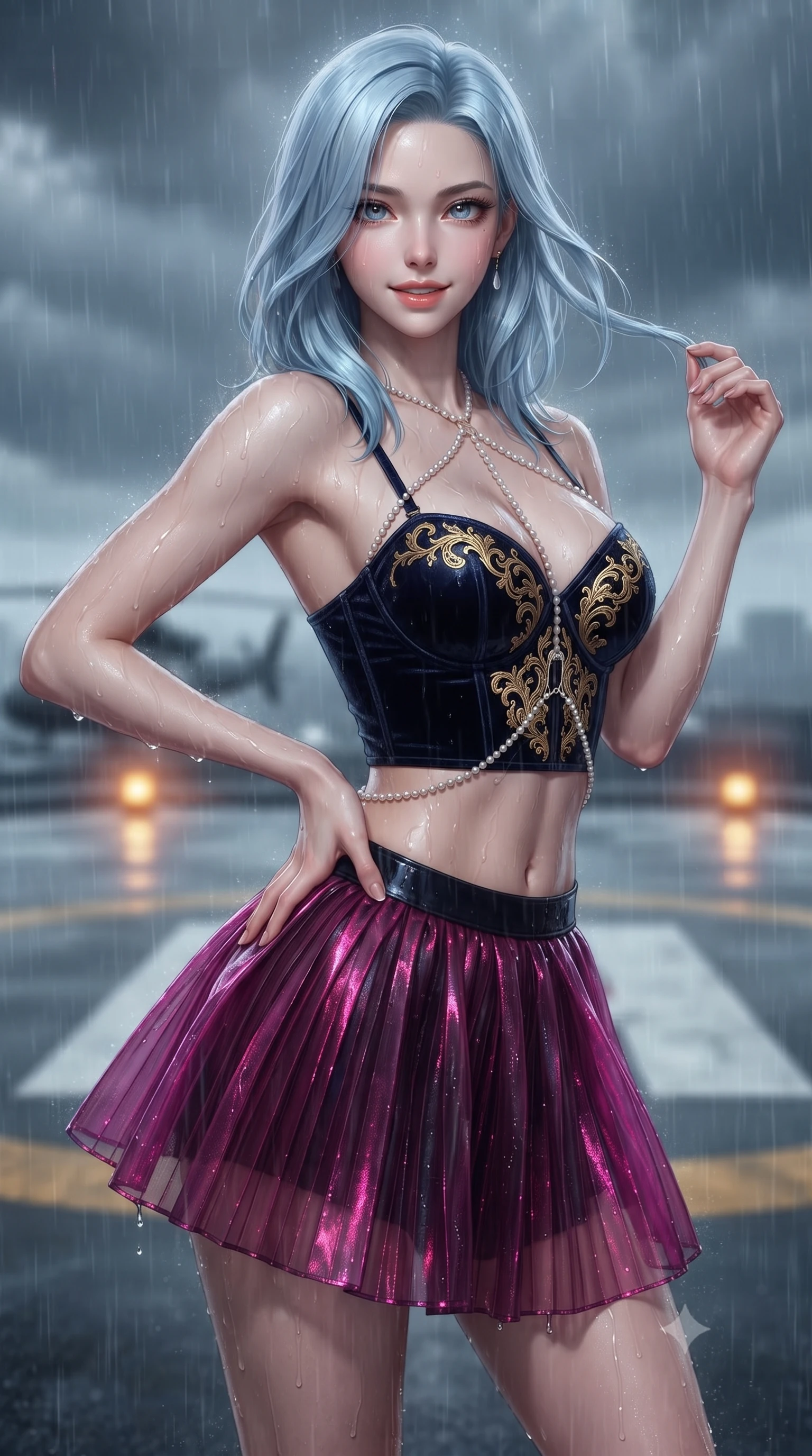 score_9, masterpiece, best quality, ultra-detailed, high-budget anime keyframe, editorial fashion photography, tasteful artistic composition, Korean woman. close-up cowboy shot from the waist and thighs up, the character dominates the composition, filling the frame with her large presence. twisting her slender torso in an alluring contrapposto stance, one hand resting on her sculpted hip while her fingers toy with her hair with effortless poise while twisting her slender torso in an alluring S-curve, torrential rain molding her form-fitting tactical suit to her flat midriff and hips. The background shows a soft-focus wet helicopter landing pad markings softened in dramatic stormy rooftop shallow focus. She has an exceptionally elegant, slender, and willowy female figure with an ultra-slim waist, flat toned midriff, narrow ribcage, and sculpted feminine hips creating an alluring, slim hourglass silhouette without bulk. sharp v-shaped jawline, high-bridge nose, sparkling eyes with hypnotic seductive depth, thick curled eyelashes, glossy parted lips with a natural dewy peach sheen, alluring bedroom-eyes with an enchanting coquettish smile, exuding magnetic siren charisma and sophisticated glamour, flawlessly proportioned anatomical accuracy, strict slender model proportions, natural body alignment, perfectly sculpted long slender limbs, ultra-slim waistline, clean dynamic posture without body distortion. wearing a structured velvet ballet bodice with gold filigree embroidery paired with an airy knife-pleated organza mini skirt in wet-look onyx black with electric magenta reflections, tailored from ultra-plush velvet with rich tactile depth and deep shadow gradients, accented with a pearl-drop body harness subtly framing her dewy collarbones and spine, the high-slit wrap tailoring accentuating her ultra-slim waistline and the enchanting curve of her feminine hips with alluring seductive charm. bathed in rhythmic amber helipad beacon flashes paired with cool lightning ambient strobes. ultra-reflective glossy finish, specular highlights, rich textural contrasts, high-contrast stereoscopic depth, volumetric dynamic lighting, 2k, ultra detail, master piece, 9:16 ratio