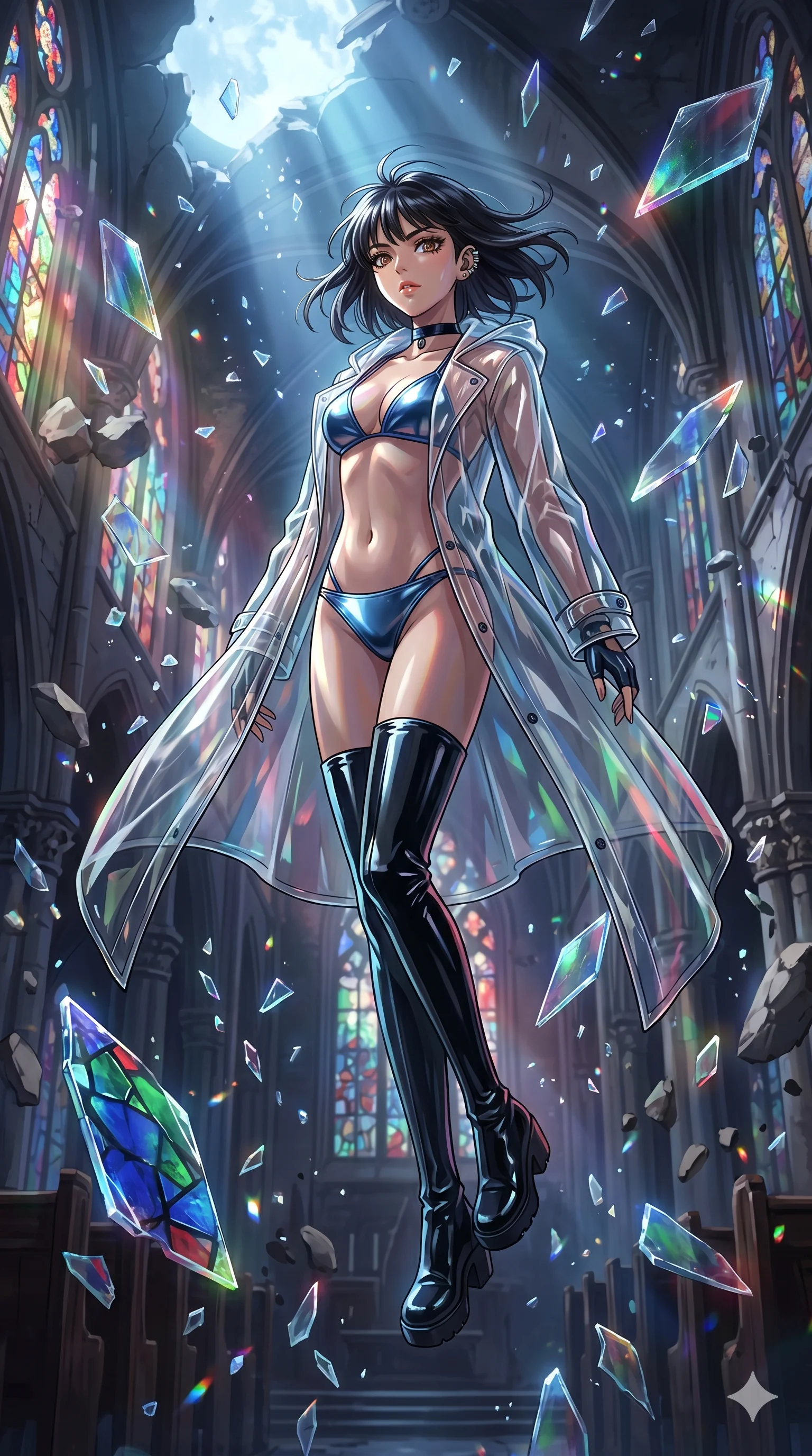 score_9, masterpiece, best quality, ultra-detailed, Set A: High-budget Anime Keyframe, Japanese woman. Low angle cowboy shot filling the entire 9:16 frame with her statuesque presence. Floating through a shattered glass cathedral, as gravity fails and everything around her floats in state 126 and surrounded by shattered glass fragments. She has an absolutely perfect 8-heads proportion, an exceptionally tall and slender female figure with impossibly long slender legs and an ultra-slim waist. Sharp v-shaped jawline, high-bridge nose, intricate jewel-like eyes with depth, thick eyelashes, glossy lips with a natural sheen. Wearing Transparent PVC raincoat over a metallic bikini and thigh-high patent boots. Cinematic lighting, vibrant colors, dramatic shadows, 2k, ultra detail, master piece, 9:16 ratio