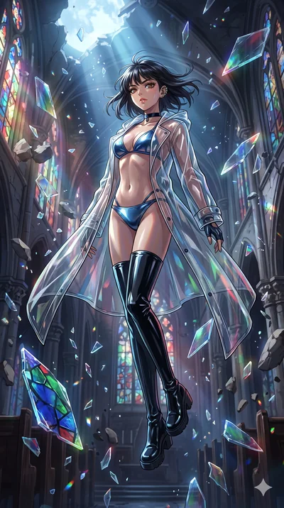 score_9, masterpiece, best quality, ultra-detailed, Set A: High-budget Anime Keyframe, Japanese woman. Low angle cowboy shot filling the entire 9:16 frame with her statuesque presence. Floating through a shattered glass cathedral, as gravity fails an